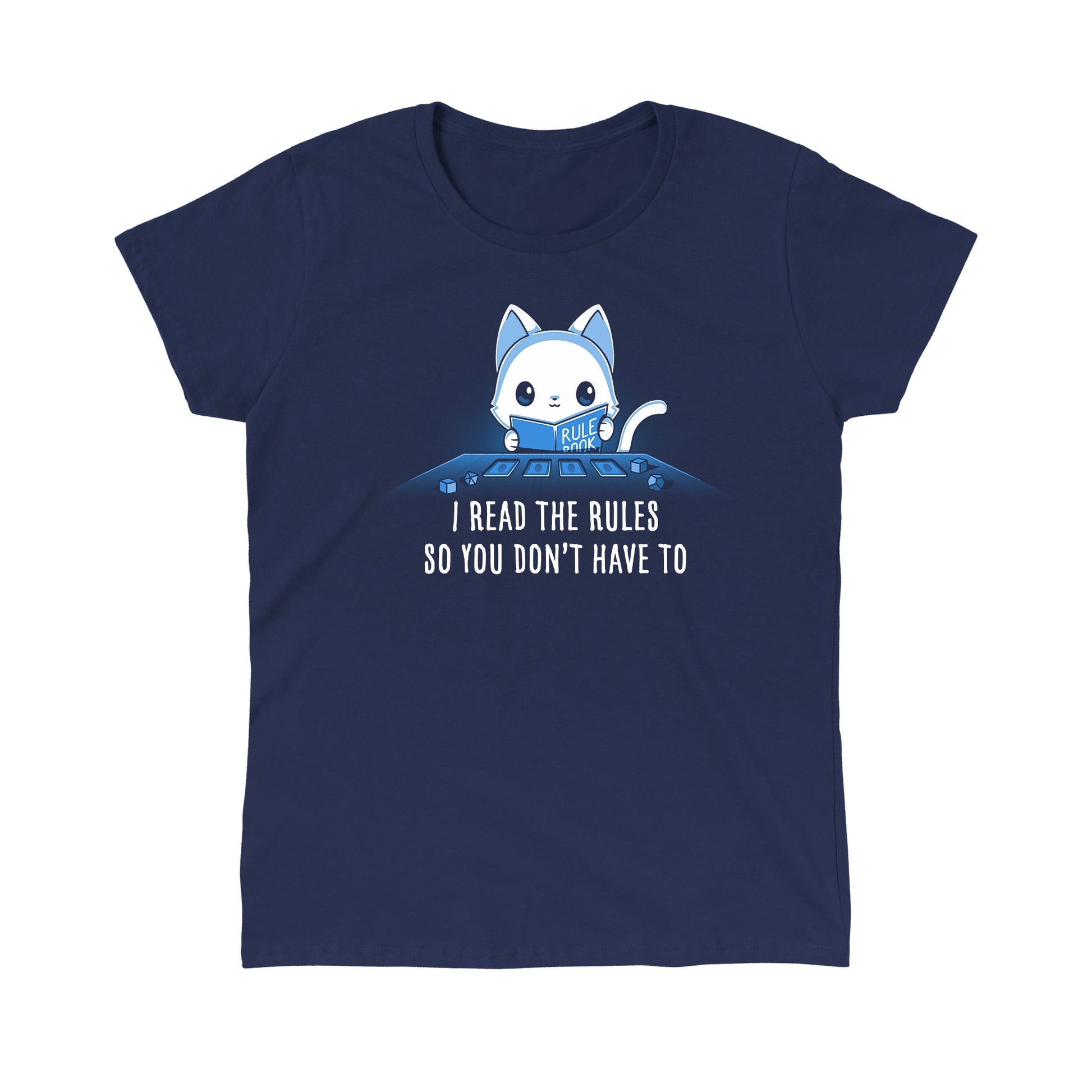 Classic Cotton T-shirt_TeeTurtle I Read The Rules So You Don’t Have To navy blue t-shirt featuring a cat holding a rule book, surrounded by game elements, with text reading "I Read The Rules So You Don’t Have To".