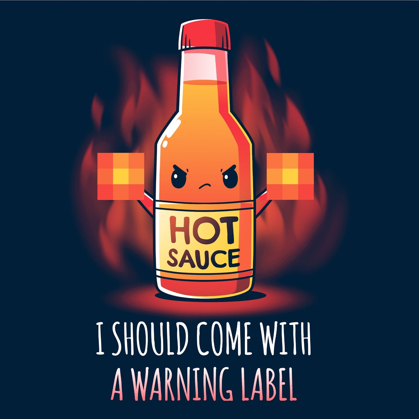 Long Sleeve T-shirt_TeeTurtle I Should Come With a Warning Label navy blue t-shirt featuring a bottle of hot sauce with an angry face, holding up two blurred out middle fingers. Text below reads, "I Should Come With a Warning Label."