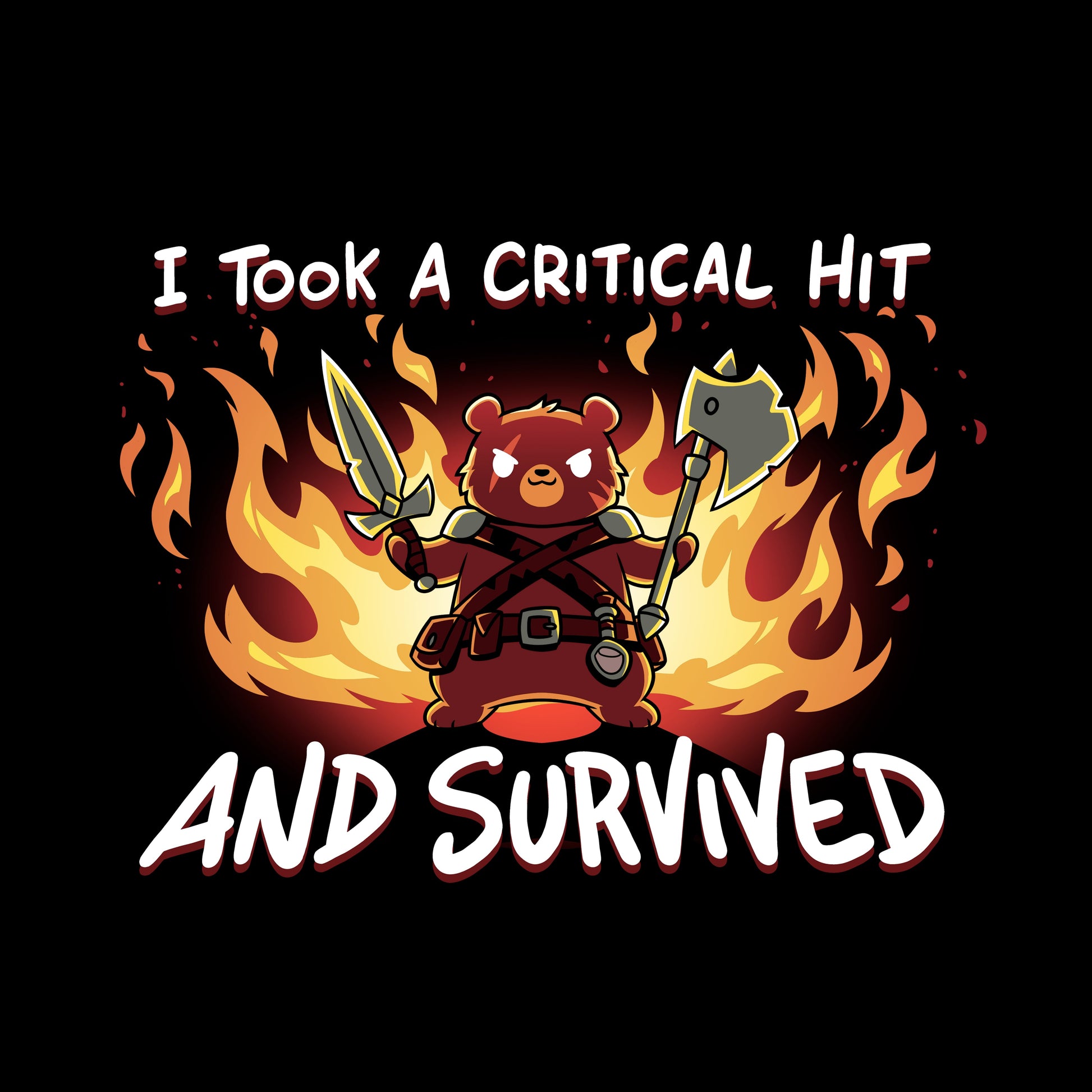 Classic Cotton T-shirt_TeeTurtle I Took A Critical Hit and Survived black t-shirt featuring a bear warrior holding a sword and an axe stands in front of flames.