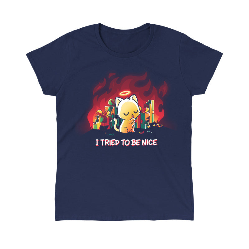 Classic Cotton T-shirt_TeeTurtle I Tried to be Nice navy blue t-shirt featuring a cute orange cat with a halo that sits innocently beside torn christmas gift boxes, while a red fiery background contrasts with the text that says "I TRIED TO BE NICE" below. 