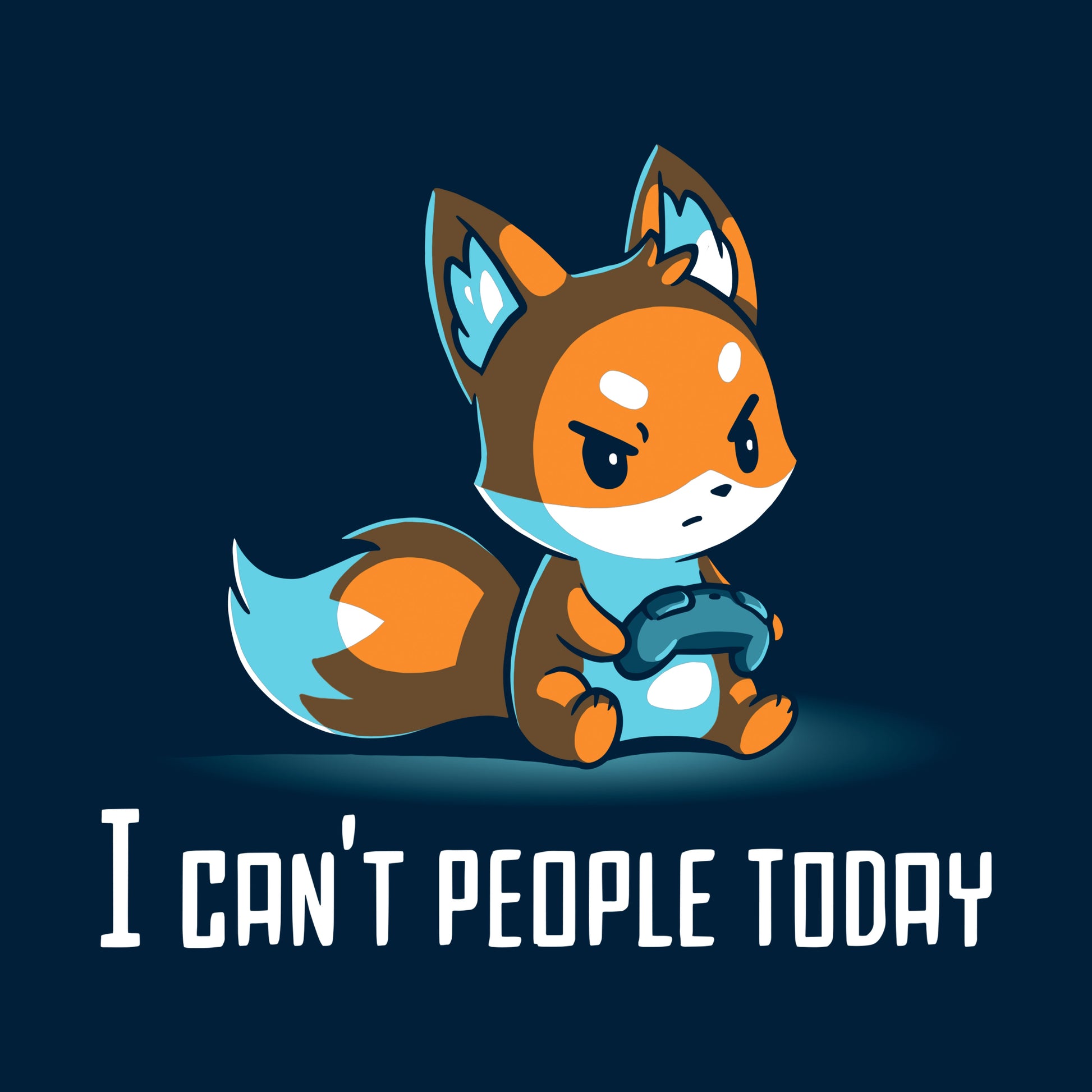 Classic Cotton T-shirt_TeeTurtle I Can't People Today navy blue t-shirt featuring an annoyed fox holding a video game controller with the text "I can't people today" below.