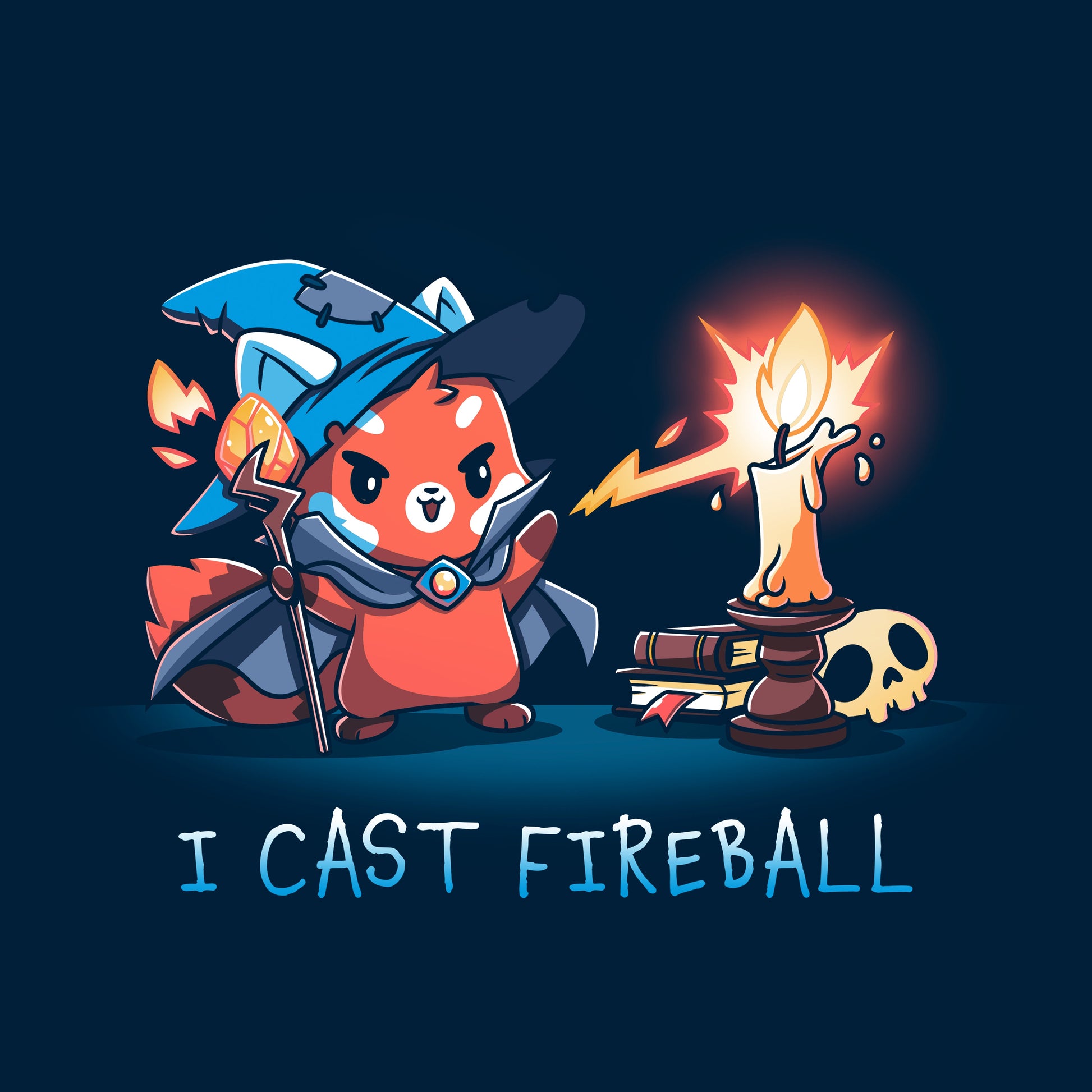 Classic Cotton T-shirt_TeeTurtle I Cast Fireball navy blue t-shirt featuring a fox in a tabletop game wizard outfit with a staff who casts a fireball spell towards a candle, with the text "I CAST FIREBALL" below. A stack of books and a skull are in the background. 