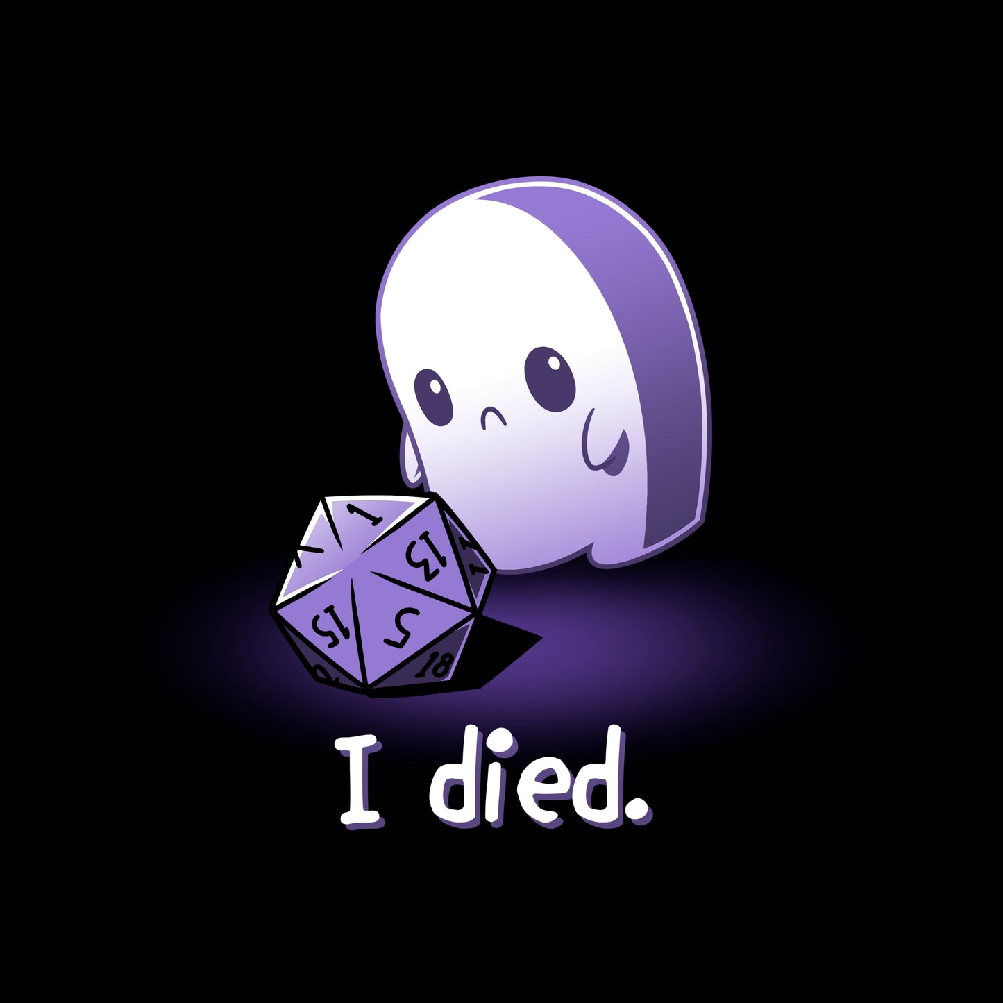 Classic Cotton T-shirt_TeeTurtle I Died. black t-shirt featuring a sad white ghost that rolled a D1 tabletop game dice with the text "I died." below.