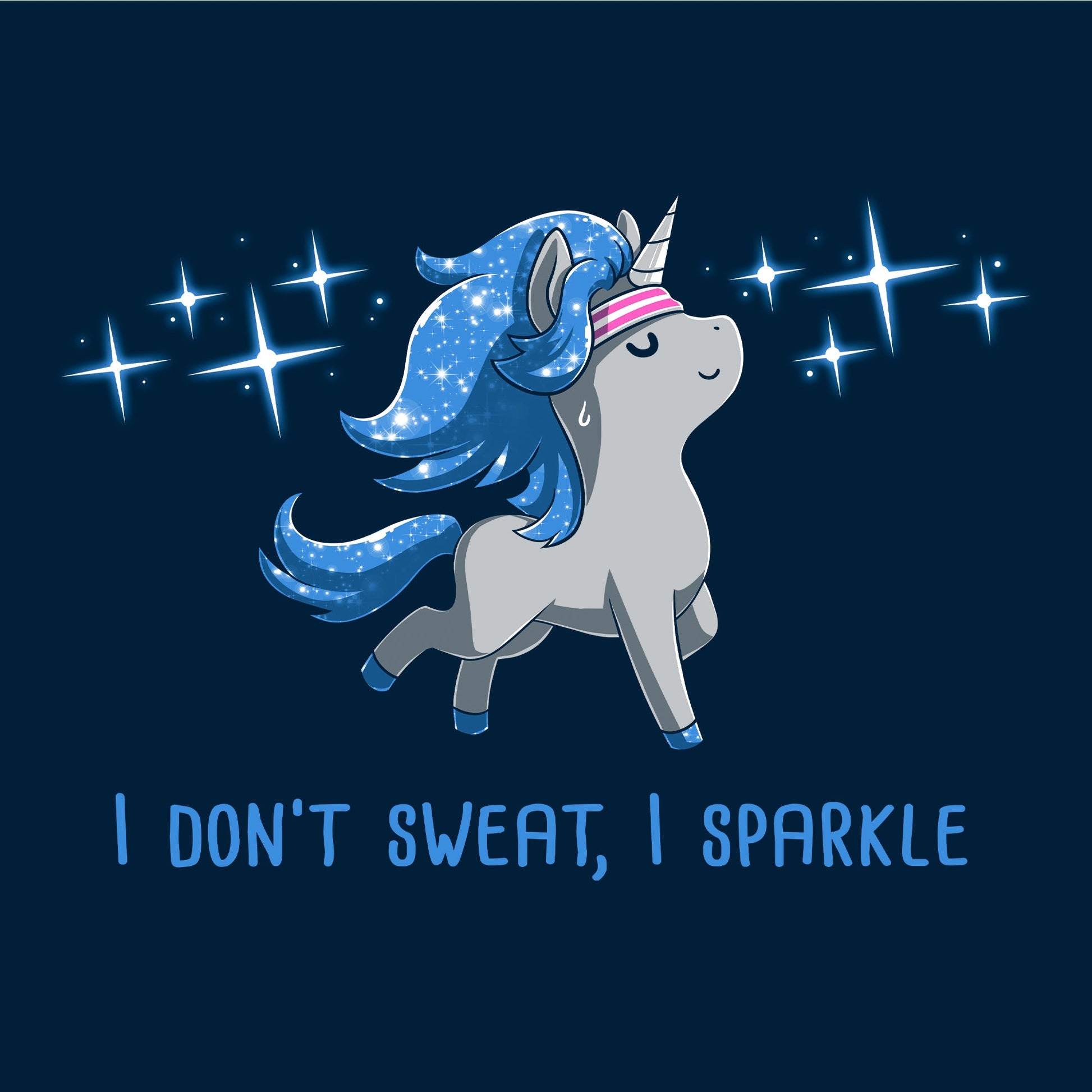 Classic Cotton T-shirt_TeeTurtle I Don't Sweat, I Sparkle navy blue t-shirt featuring a glistening unicorn with sweatband on, surrounded by sparkles.