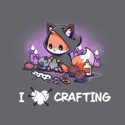 Classic Cotton T-shirt_TeeTurtle charcoal gray I <3 Crafting. Featuring a hooded fox crafting a voodoo doll.