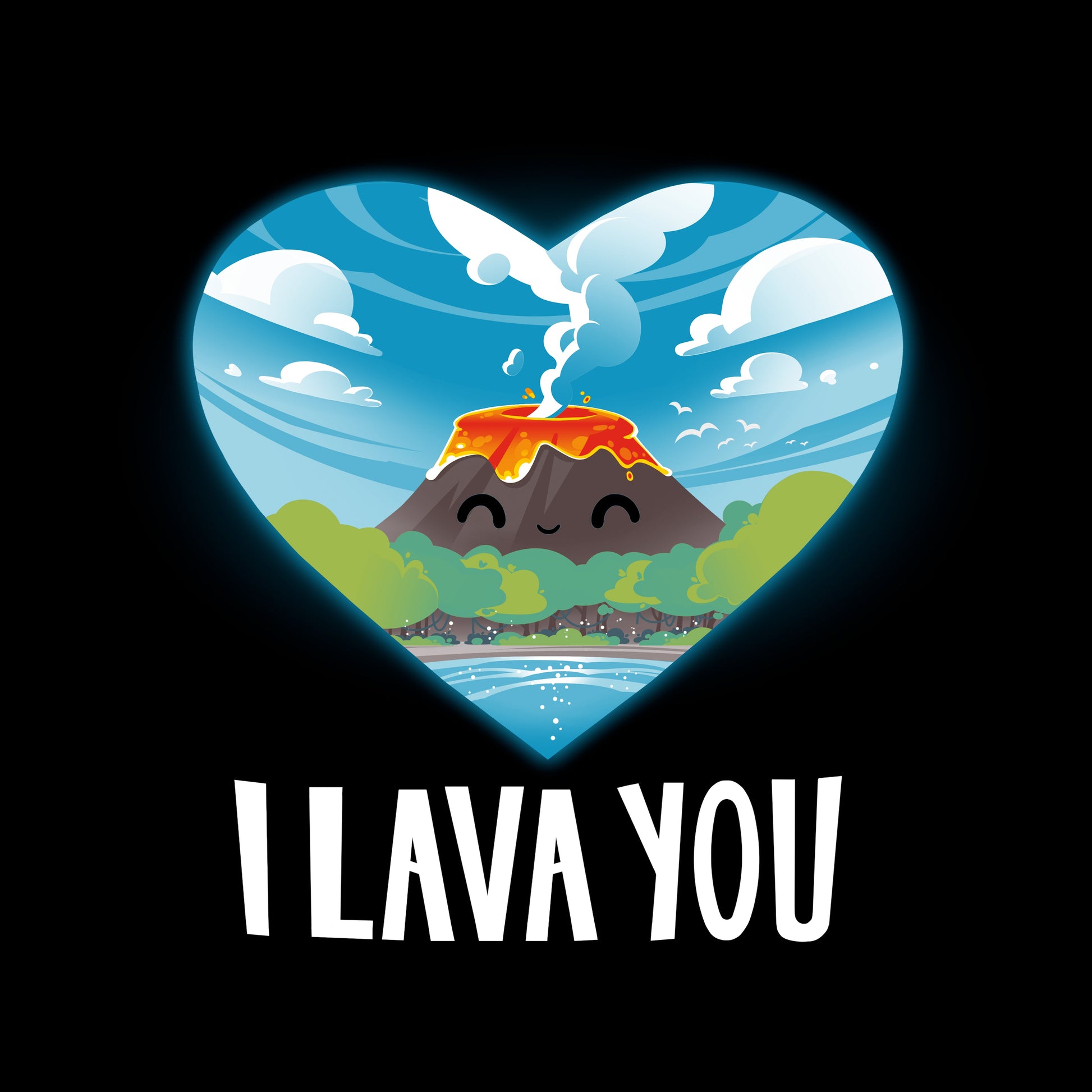 Long Sleeve T-shirt_An illustration of a smiling volcano with lava, surrounded by trees and water, inside a heart shape. The text below reads "I LAVA YOU." This I Lava You apparel by monsterdigital is made from super soft ringspun cotton for ultimate comfort. Suitable for everyone, it's the perfect unisex tee!