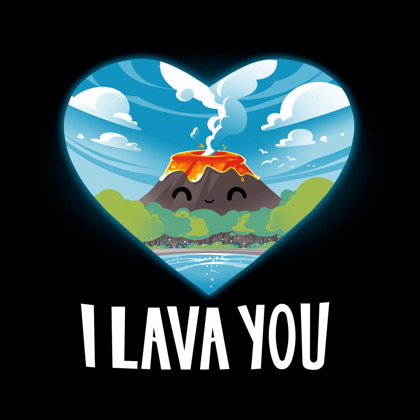 Classic Cotton T-shirt_An illustration of a smiling volcano with lava, surrounded by trees and water, inside a heart shape. The text below reads "I LAVA YOU." This I Lava You apparel by monsterdigital is made from super soft ringspun cotton for ultimate comfort. Suitable for everyone, it's the perfect unisex tee!