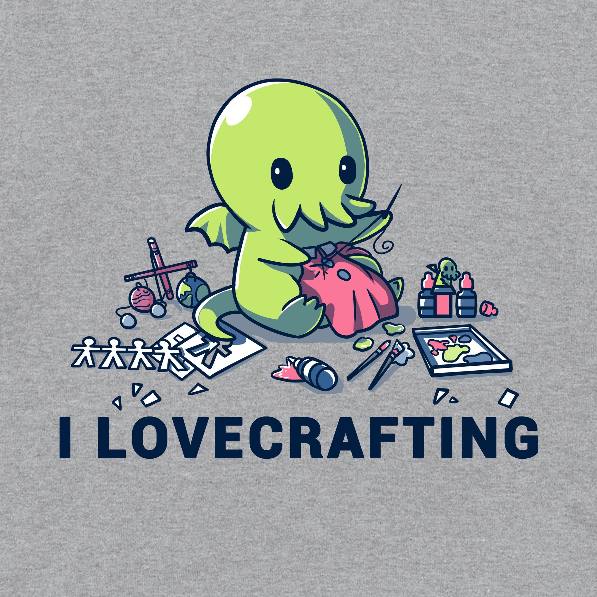 Pullover Hoodie_TeeTurtle heather gray I Lovecrafting. Featuring Cthulhu sewing, and surrounded by crafting materials.