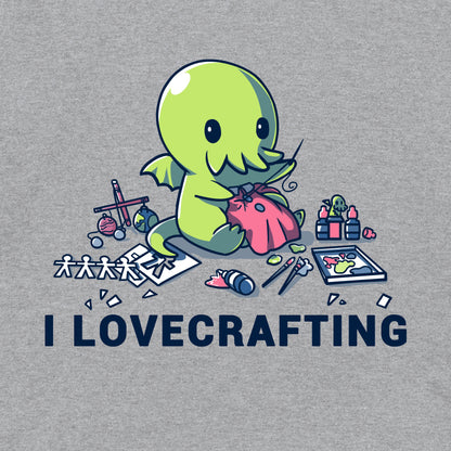 Long Sleeve T-shirt_TeeTurtle heather gray I Lovecrafting. Featuring Cthulhu sewing, and surrounded by crafting materials.