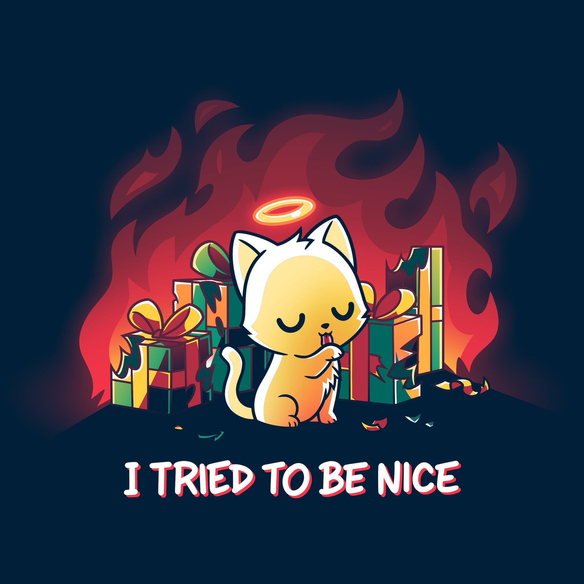 Classic Cotton T-shirt_TeeTurtle I Tried to be Nice navy blue t-shirt featuring a cute orange cat with a halo that sits innocently beside torn christmas gift boxes, while a red fiery background contrasts with the text that says "I TRIED TO BE NICE" below. 