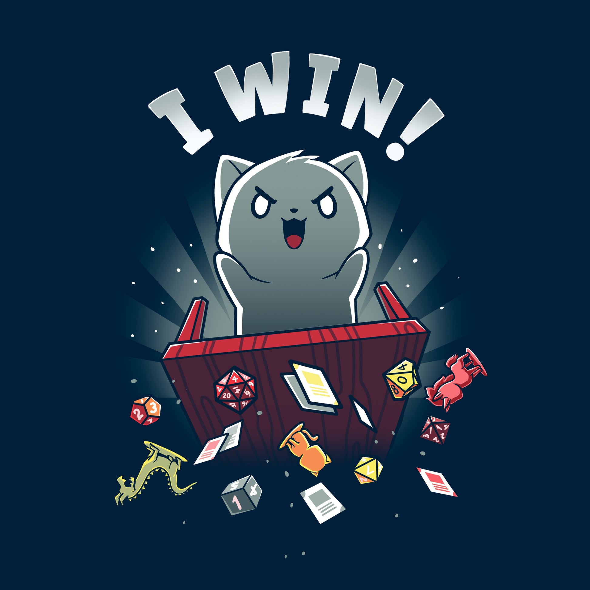 Classic Cotton T-shirt_Teeturtle I Win! navy blue t-shirt featuring a gray cat flipping a tabletop game table, sending cards, tabletop figures and dice flying with the words "I Win!" above its head.