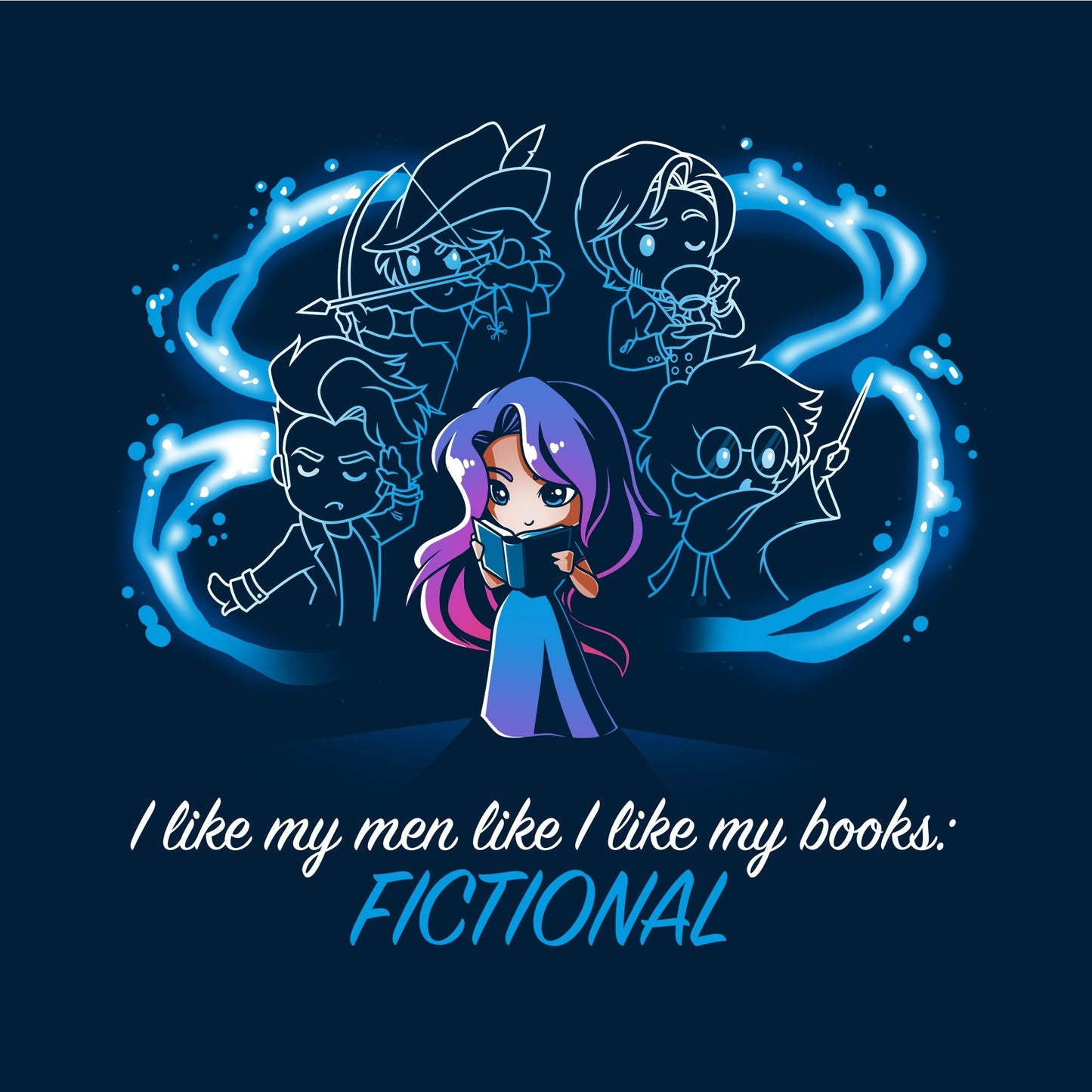 Classic Cotton T-shirt_TeeTurtle navy blue I <3 Fictional Men. Featuring a girl reading surrounded by specters of famous male book love interests.