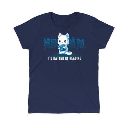 Classic Cotton T-shirt_TeeTurtle I'd Rather be Reading navy blue t-shirt featuring a cat that would rather be reading holding a book