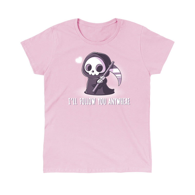 Classic Cotton T-shirt_TeeTurtle I'll follow you anywhere light pink t-shirt featuring a grim reaper holding a scythe.