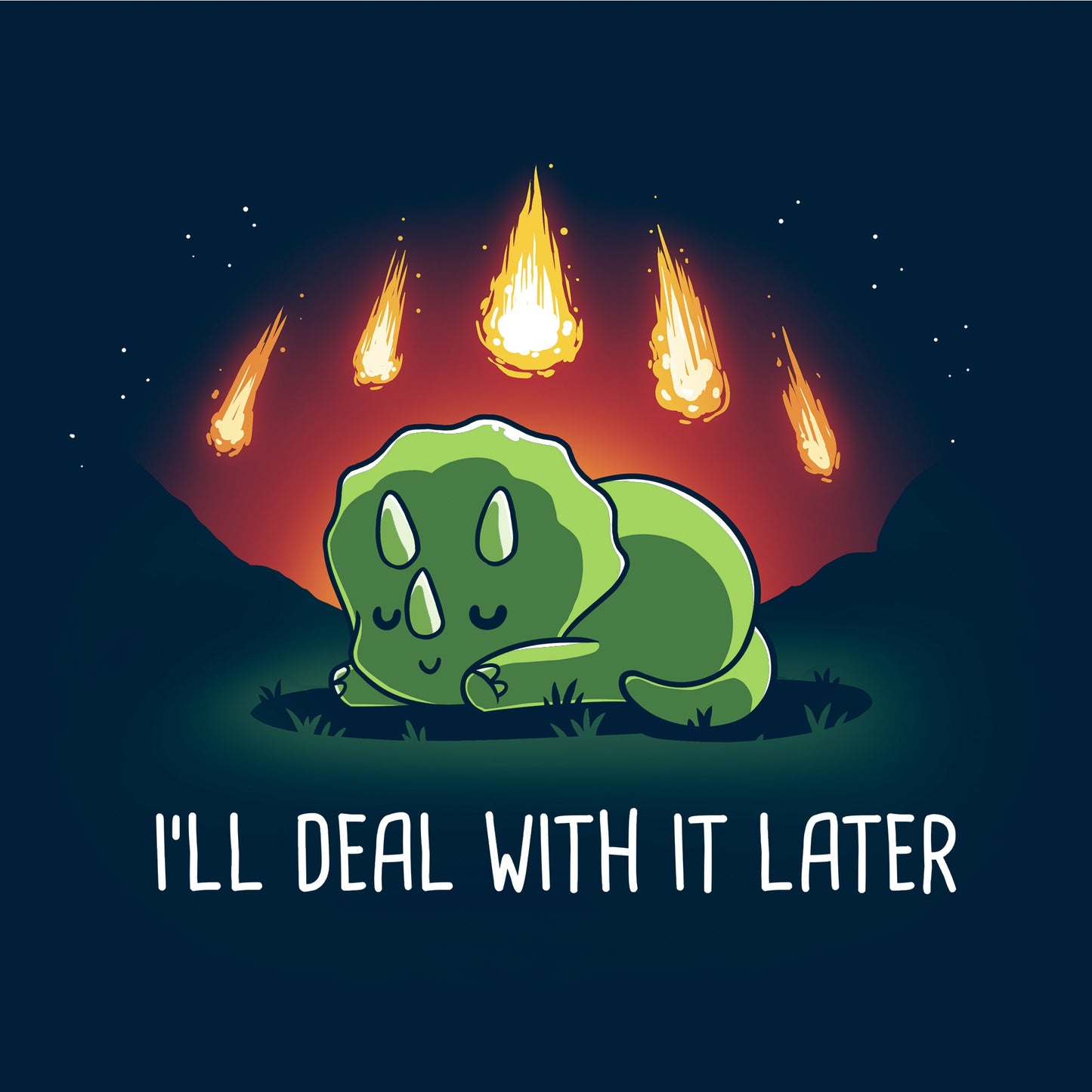 Classic Cotton T-shirt_TeeTurtle I'll Deal With It Later navy blue t-shirt featuring a happily sleeping triceratops dinosaur with meteors coming down behind it.