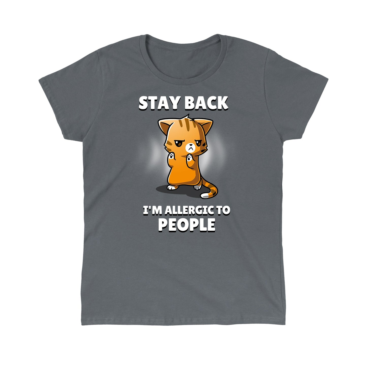 Classic Cotton T-shirt_TeeTurtle I'm Allergic to People charcoal gray t-shirt featuring an orange cat with a stern expression raising its paws, surrounded by text reading, "STAY BACK. I'M ALLERGIC TO PEOPLE".