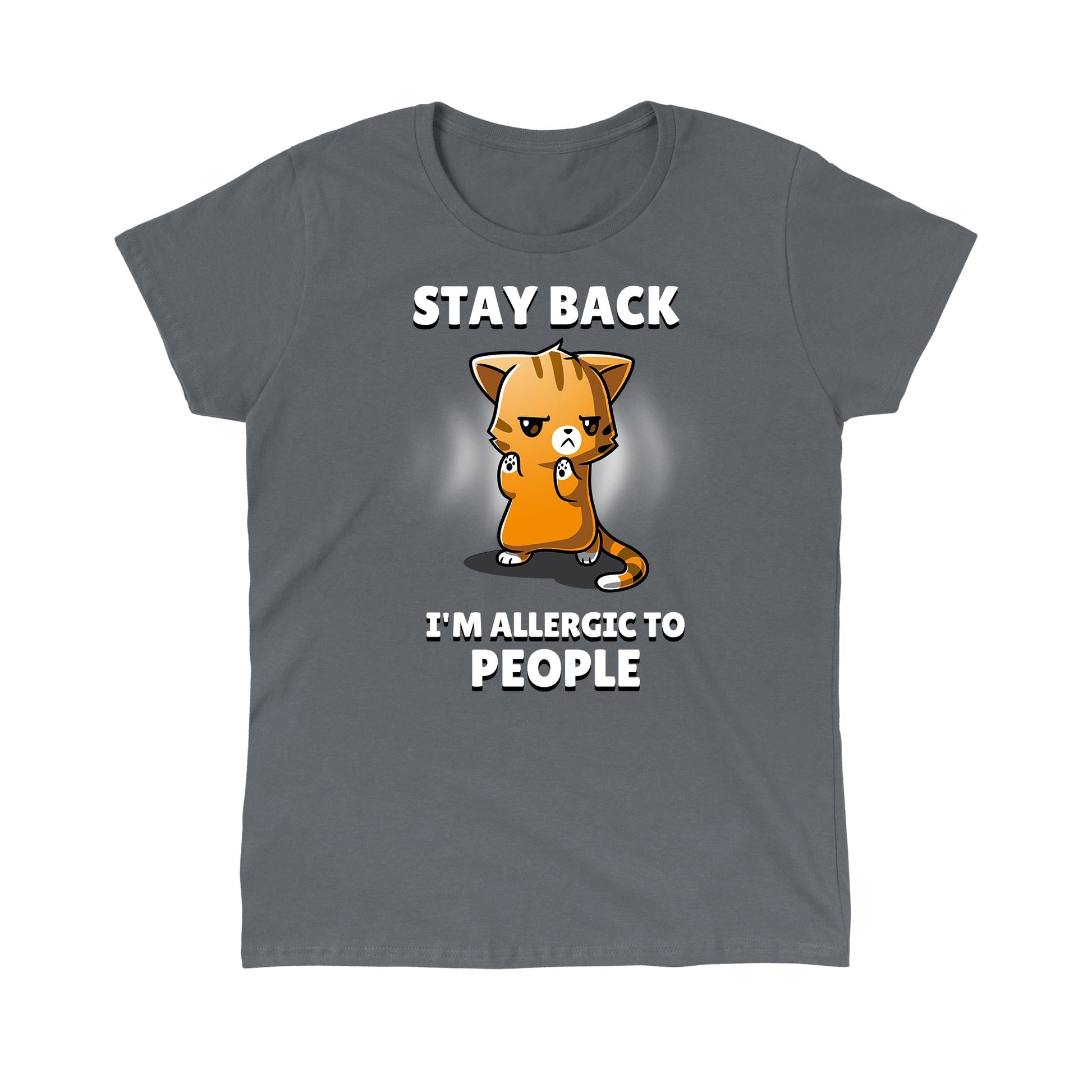 Classic Cotton T-shirt_TeeTurtle I'm Allergic to People charcoal gray t-shirt featuring an orange cat with a stern expression raising its paws, surrounded by text reading, "STAY BACK. I'M ALLERGIC TO PEOPLE".