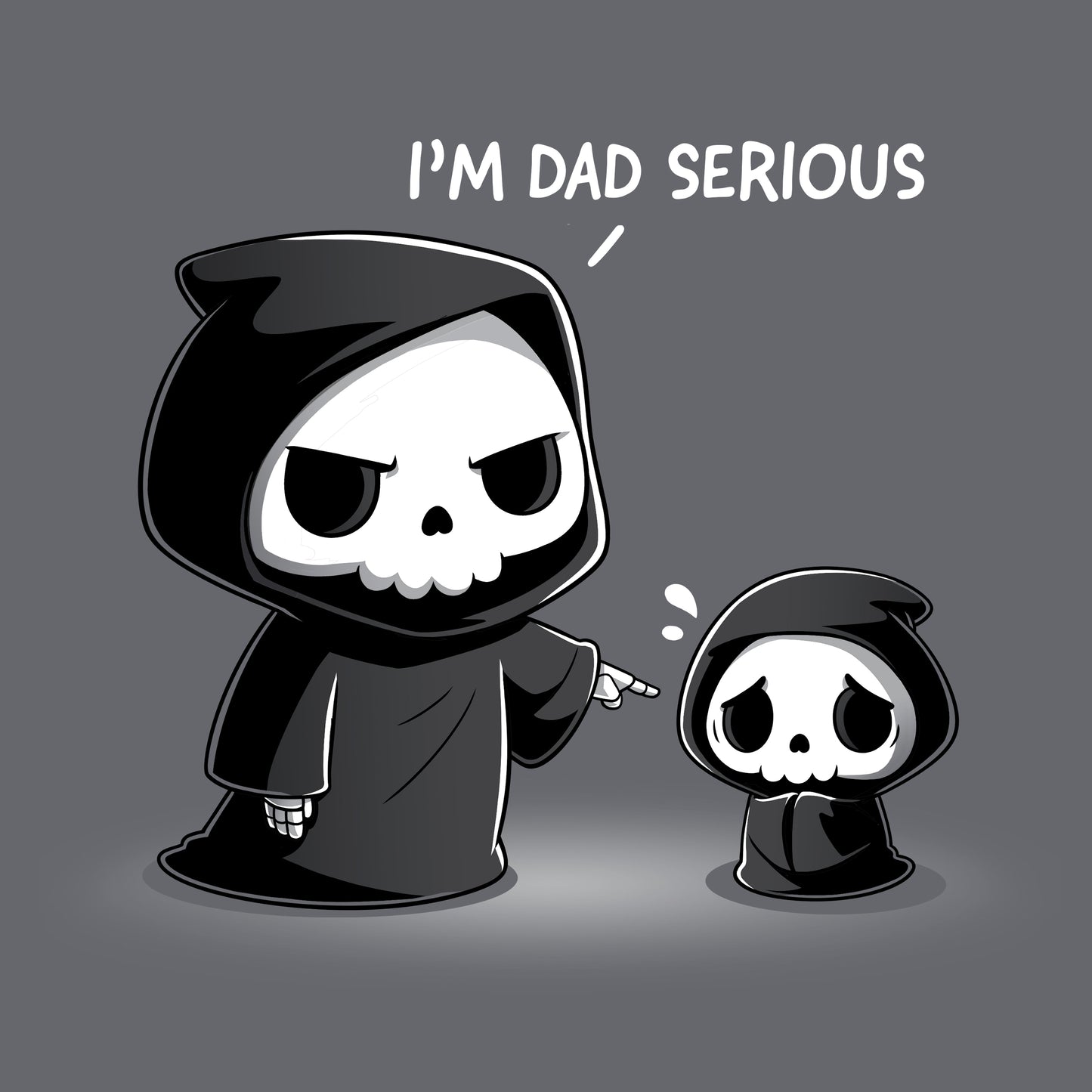 Classic Cotton T-shirt_TeeTurtle charcoal gray I'm Dad Serious apparel featuring a father Grim Reaper telling a child Grim Reaper that, “it’s dad serious.”