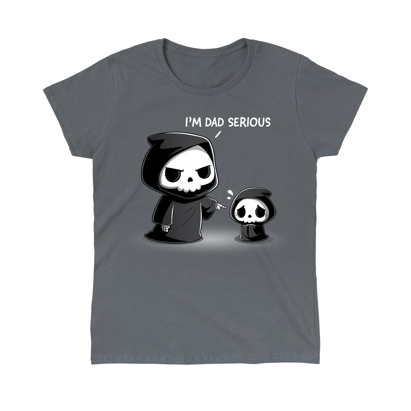 Classic Cotton T-shirt_TeeTurtle charcoal gray I'm Dad Serious apparel featuring a father Grim Reaper telling a child Grim Reaper that, “it’s dad serious.”