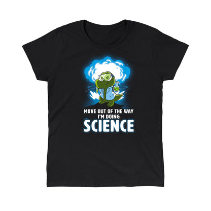 Classic Cotton T-shirt_TeeTurtle black I'm Doing SCIENCE. Featuring a t-rex in a lab coat and safety glasses holding a beaker and explosion in the background.