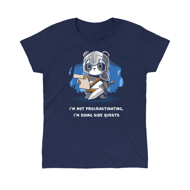 Classic Cotton T-shirt_TeeTurtle navy blue I'm Doing Side Quests. Featuring a warrior panda holding a scroll saying, "I'm not procrastinating, I'm doing side quests.".