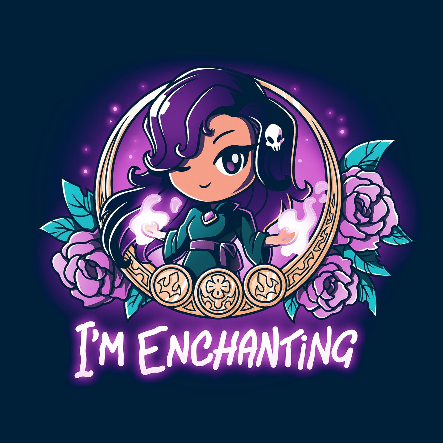 Classic Cotton T-shirt_TeeTurtle I'm Enchanting navy blue t-shirt featuring an illustration of a girl positioned within a gold-edged, ornate frame decorated with purple flowers and leaves winking her purple eyes with a white skull in her purple hair. "I'M ENCHANTING" is written underneath.