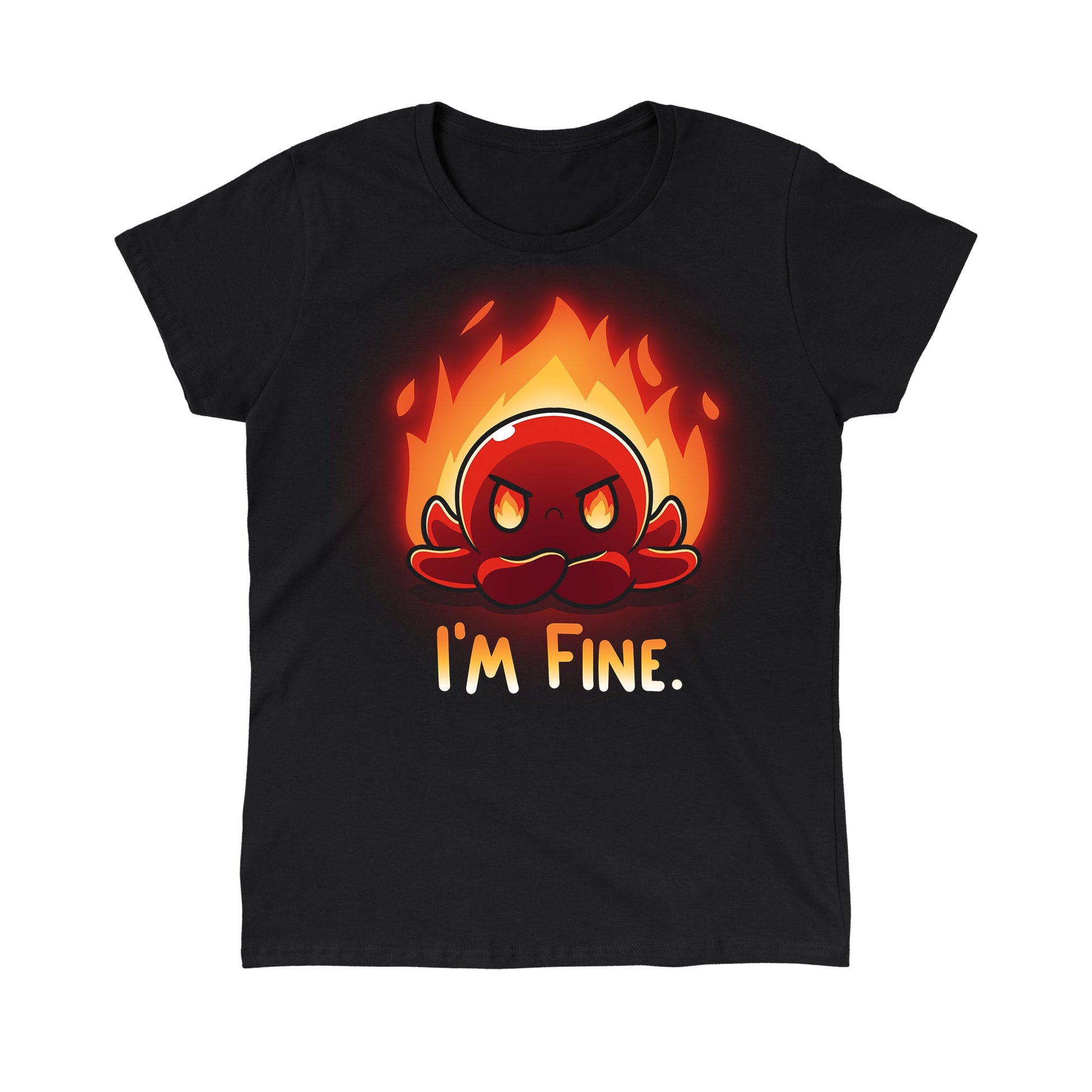 Classic Cotton T-shirt_TeeTurtle black I'm Fine. Featuring an angry red octopus with its arms crossed with fire in the background.