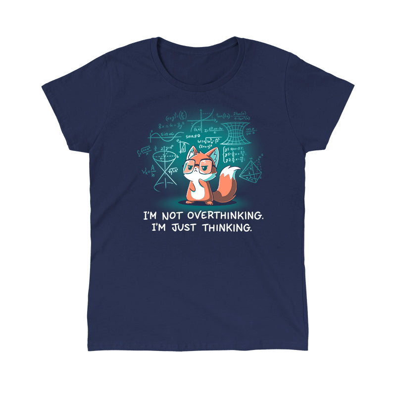 Classic Cotton T-shirt_TeeTurtle navy blue I'm Just Thinking. Featuring a thinking fox with glasses surrounded by mathematical equations.