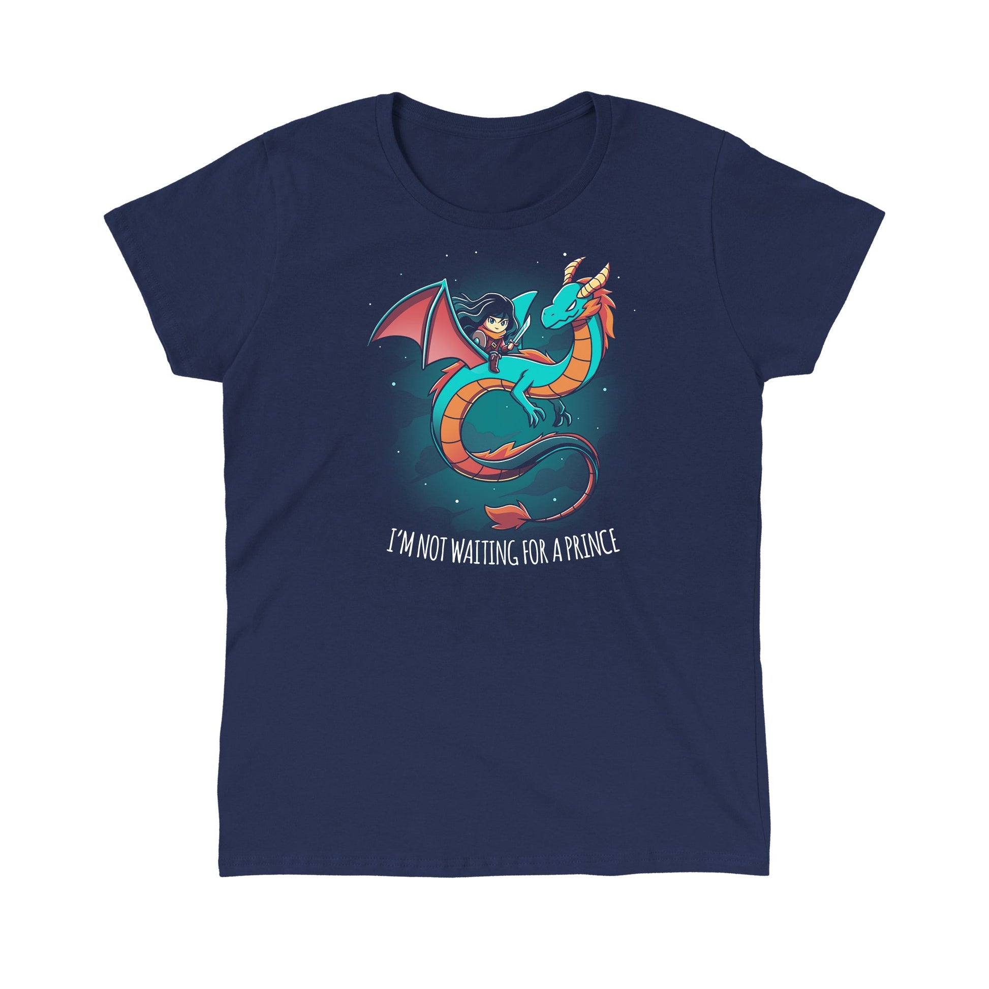 Classic Cotton T-shirt_TeeTurtle I'm Not Waiting for a Prince navy blue t-shirt featuring a woman with a sword riding a dragon.