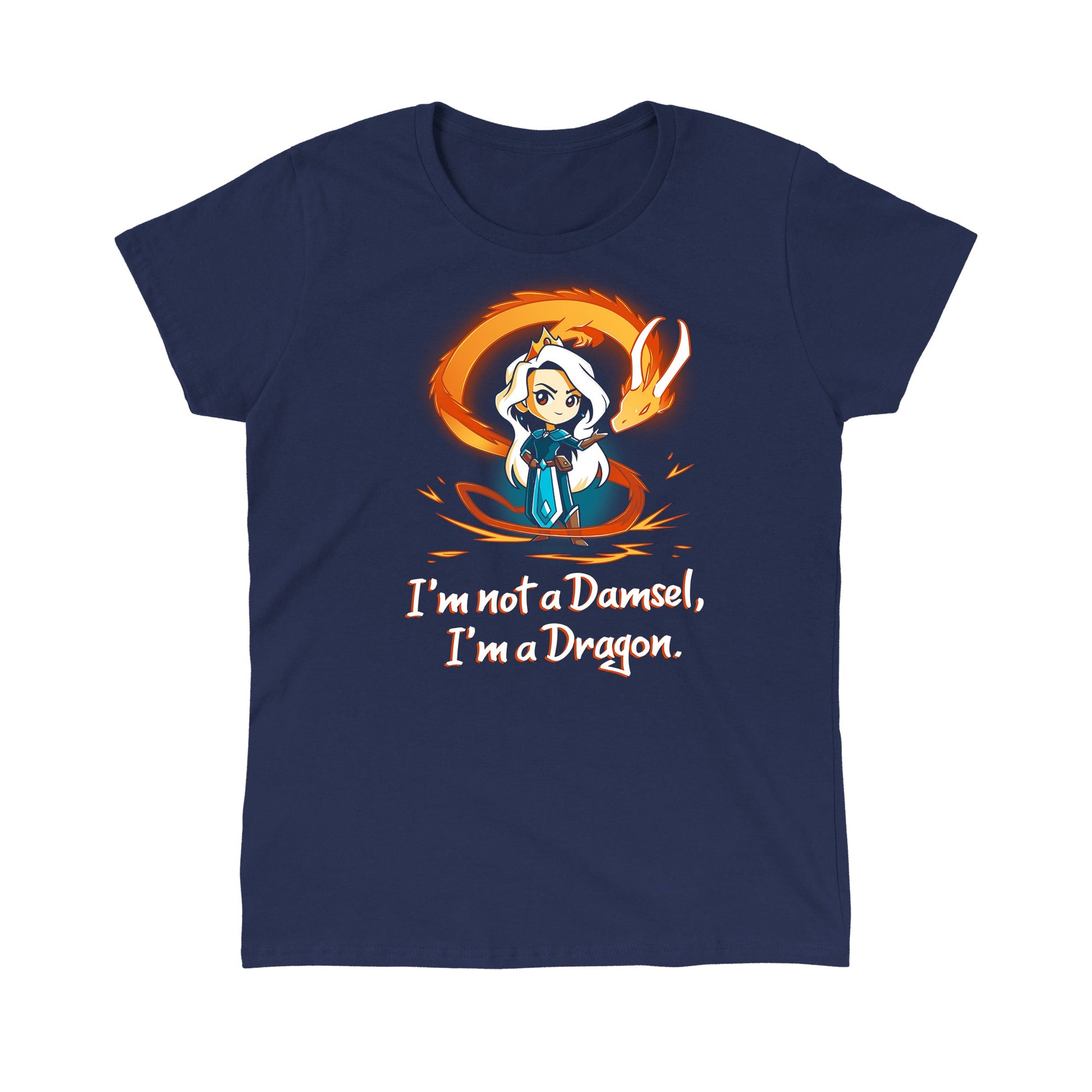 Classic Cotton T-shirt_TeeTurtle I'm Not a Damsel, I'm a Dragon navy blue t-shirt featuring a confident female fantasy character in a crown with an orange dragon behind and the text "I'm not a Damsel, I'm a Dragon."