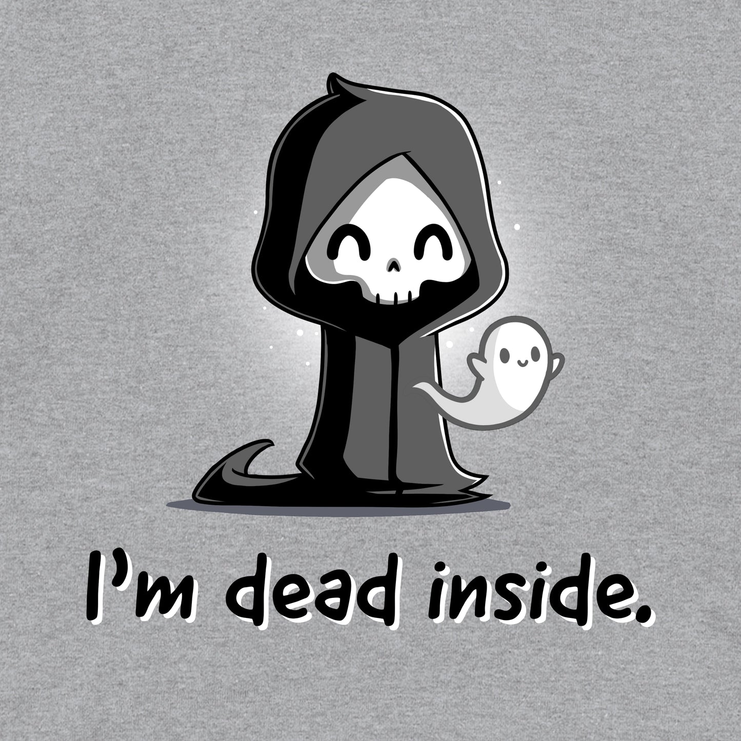 Pullover Hoodie_A cartoon grim reaper, smiling, with a ghost on its right, graces the front of this super soft cotton monsterdigital "I'm Dead Inside" apparel.