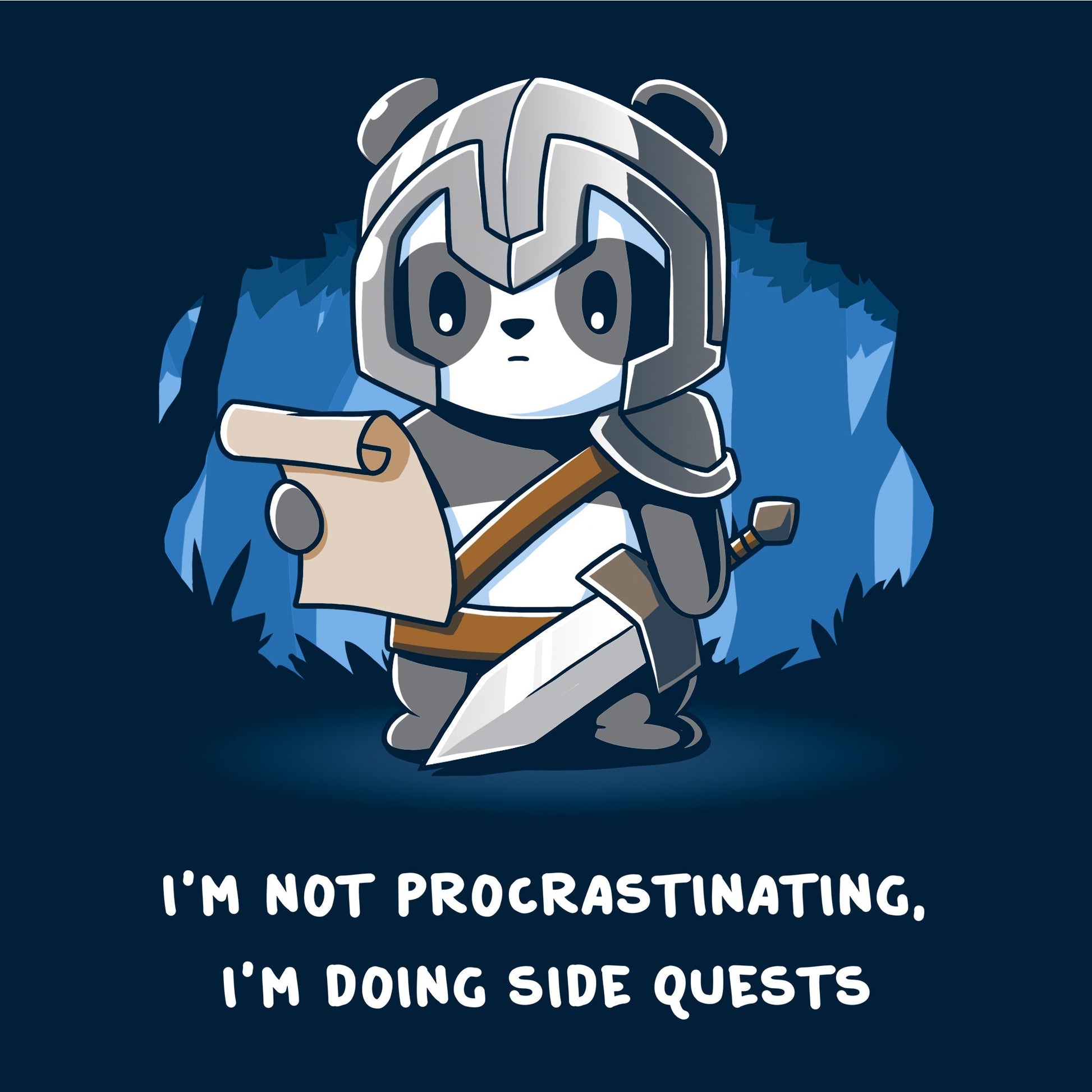 Classic Cotton T-shirt_TeeTurtle navy blue I'm Doing Side Quests. Featuring a warrior panda holding a scroll saying, "I'm not procrastinating, I'm doing side quests.".