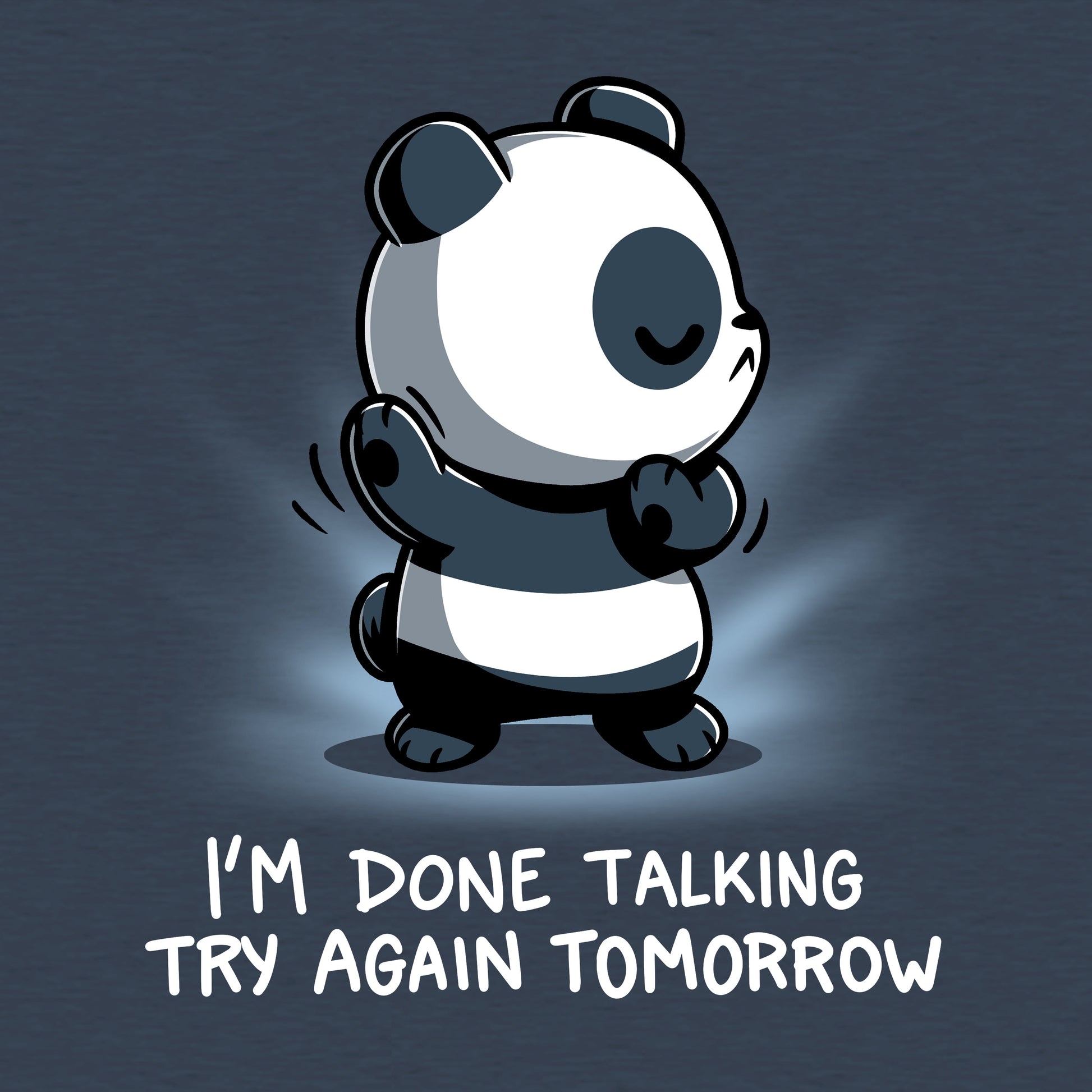 Classic Cotton T-shirt_TeeTurtle I'm Done Talking Heather Navy t-shirt featuring an illustration of a panda with its eyes closed and arms up,  accompanied by the text, "I'M DONE TALKING TRY AGAIN TOMORROW. 