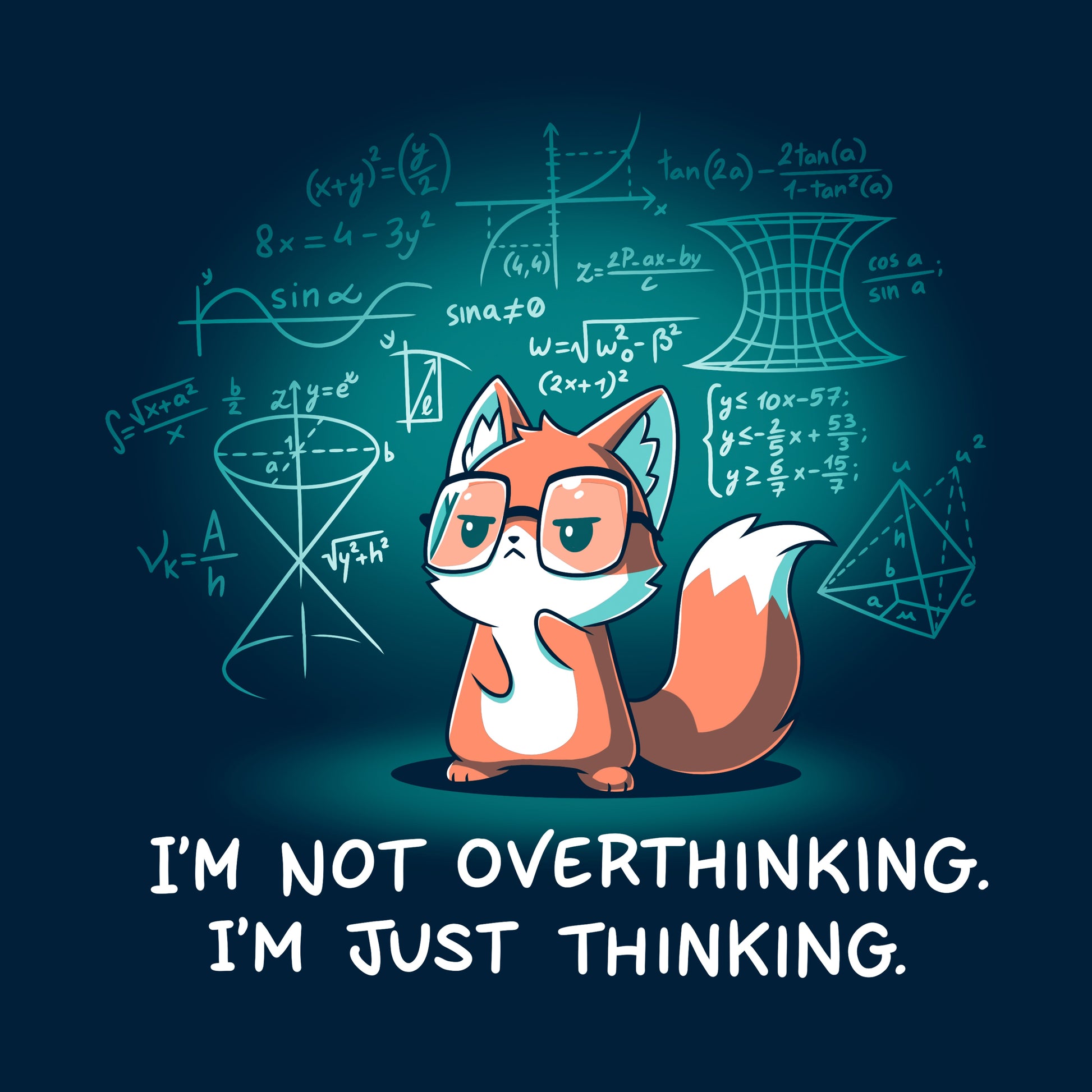 Classic Cotton T-shirt_TeeTurtle navy blue I'm Just Thinking. Featuring a thinking fox with glasses surrounded by mathematical equations.