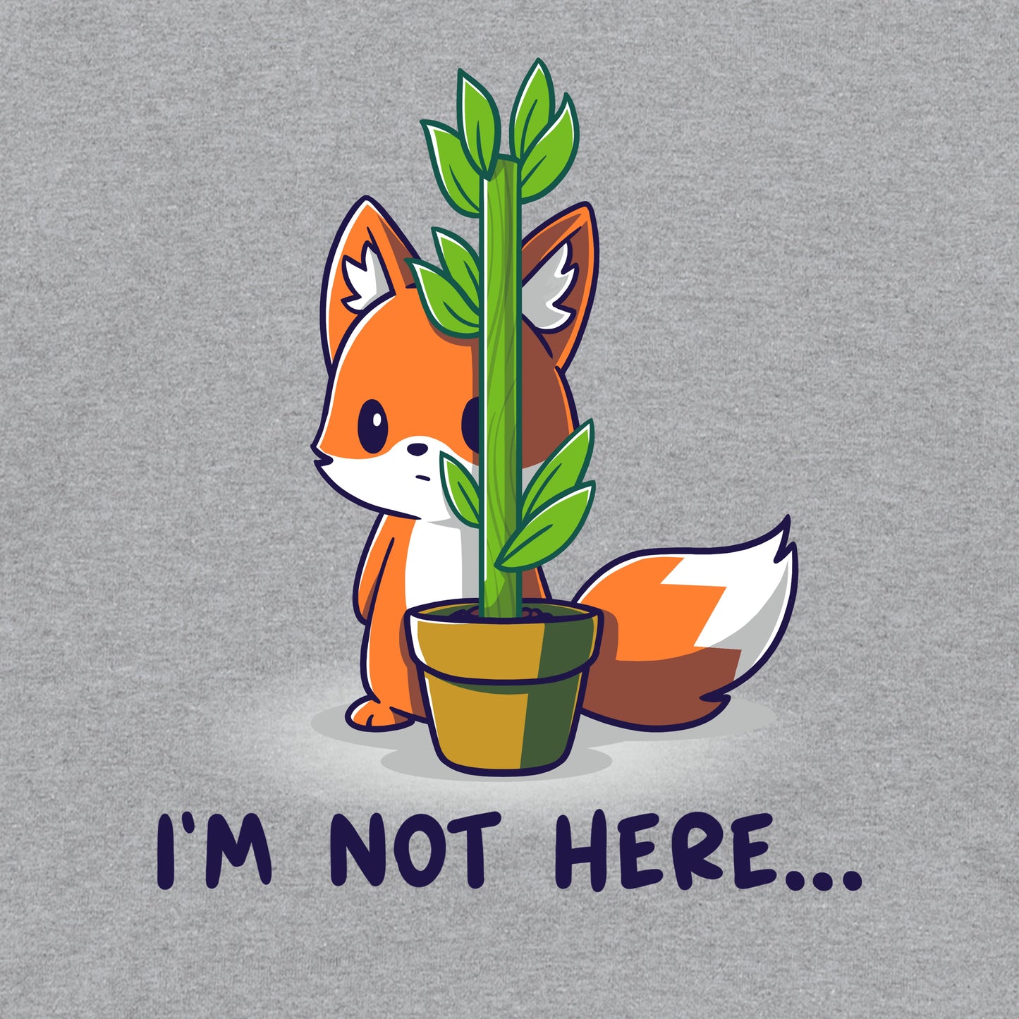 Classic Cotton T-shirt_Teeturtle I'm Not Here... Heather gray t-shirt featuring an anxious fox awkwardly trying to hide behind a thin potted plant with the words 'I'm Not Here...' below.