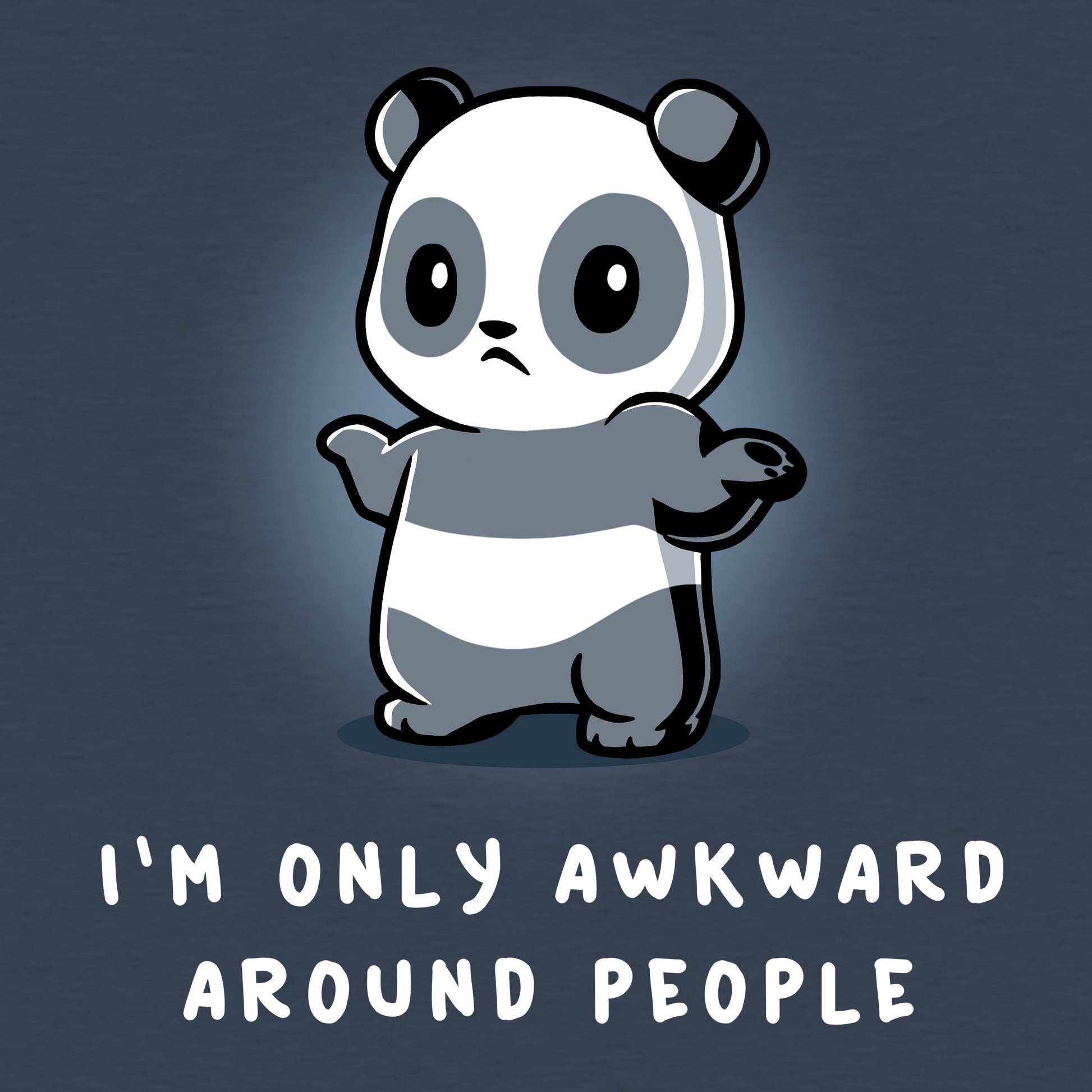 Classic Cotton T-shirt_TeeTurtle I'm Only Awkward Around People heather navy blue t-shirt featuring a panda standing with a shy expression and arms slightly raised.