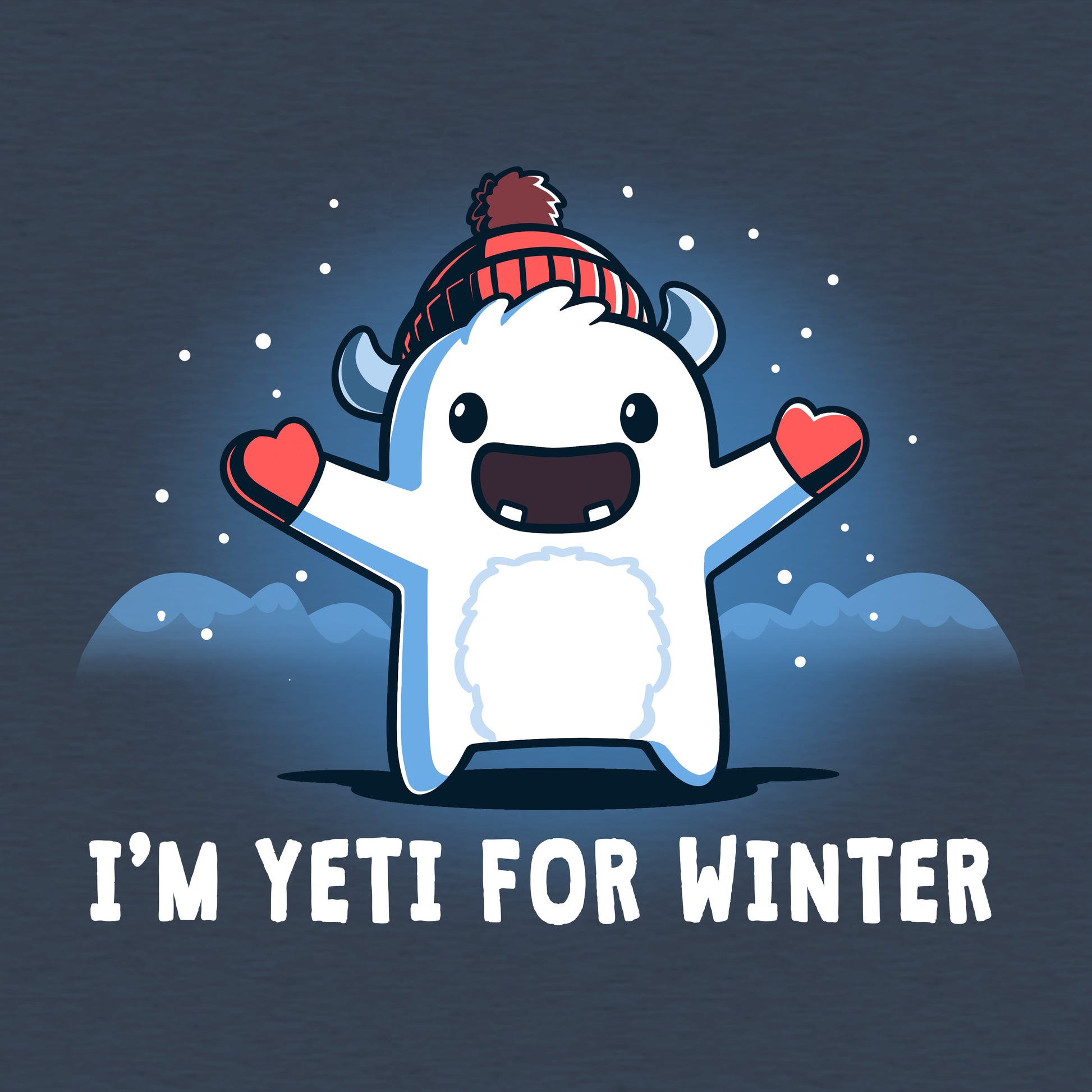 Classic Cotton T-shirt_Teeturtle I'm Yeti for Winter heather navy t-shirt featuring a happy Yeti in the snowy winter mountains wearing a pom-pom winter hat and mittens.