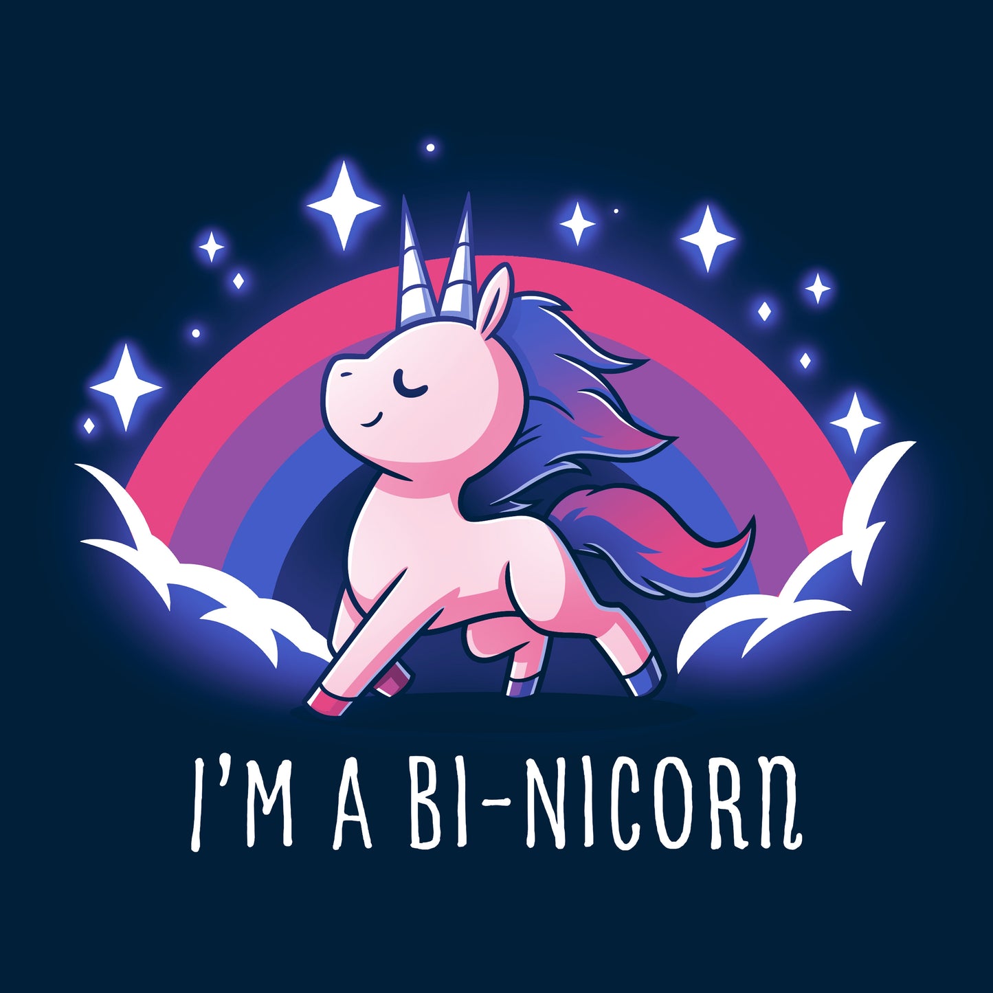 Classic Cotton T-shirt_TeeTurtle I'm a Bi-Nicorn navy blue t-shirt featuring a pride unicorn with two horns and a pink purple and blue flag behind it.