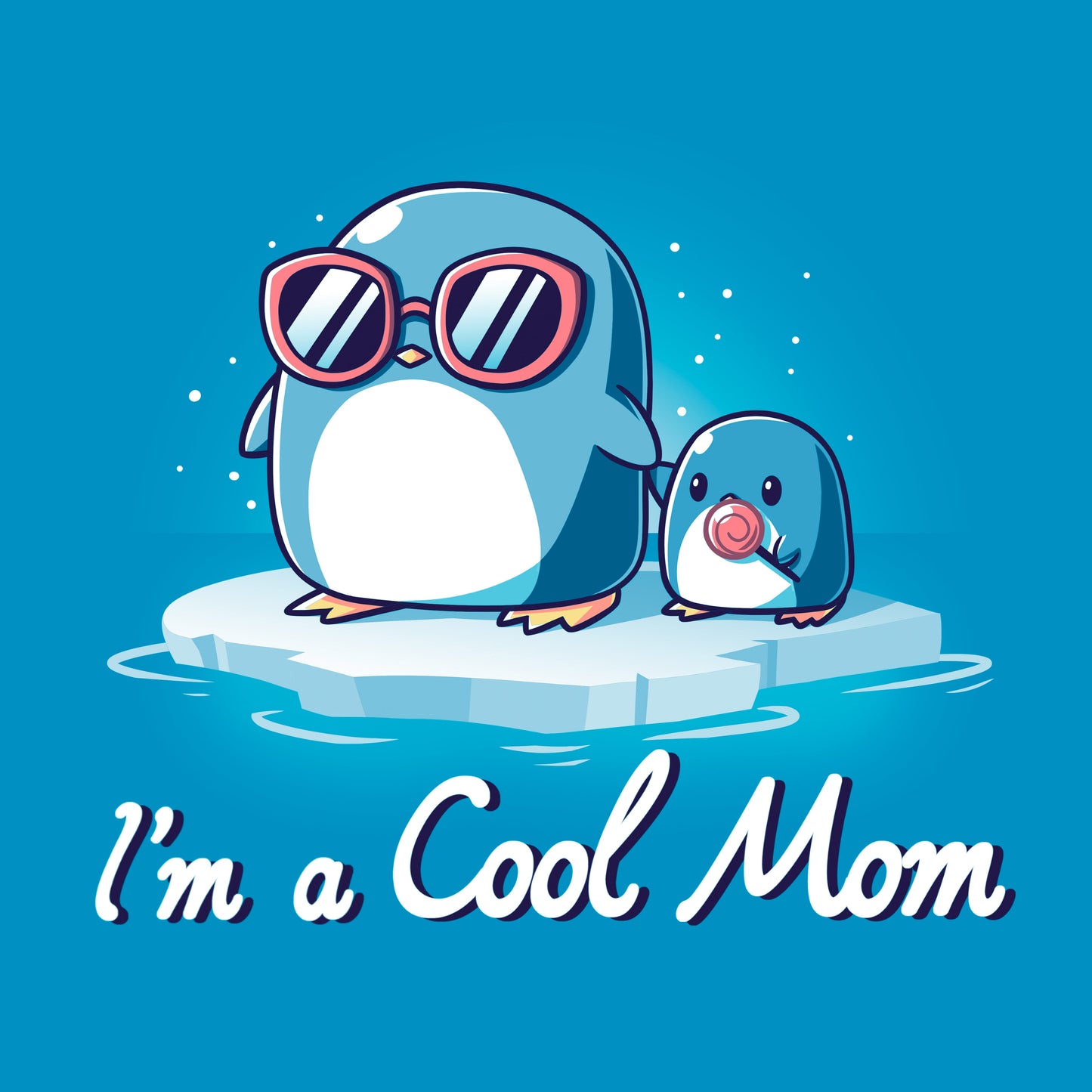 Classic Cotton T-shirt_TeeTurtle I'm a Cool Mom sapphire blue t-shirt featuring two penguins on ice, one wearing sunglasses.