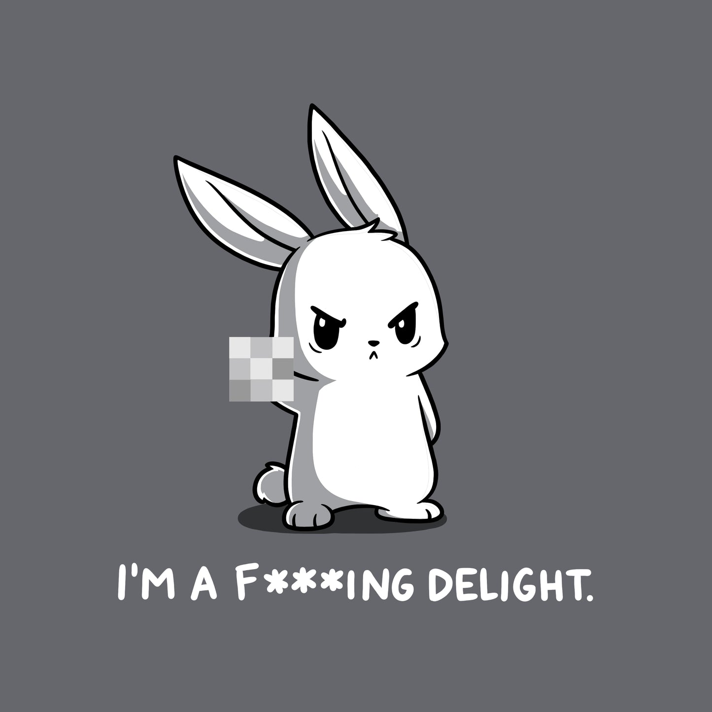 Classic Cotton T-shirt_Illustration of an angry cartoon rabbit holding up a pixelated middle finger with the caption, "I'M A F*ING DELIGHT," on a dark background. Printed on a charcoal gray apparel featuring super soft ringspun cotton, this unisex apparelby monsterdigital combines humor and comfort effortlessly. Product Name: I'm a F***ing Delight