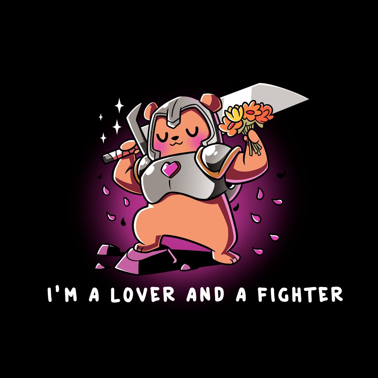 Classic Cotton T-shirt_TeeTurtle I'm a Lover and a Fighter Black t-shirt featuring a bear wearing armor, holding a sword and a bouquet of flowers.