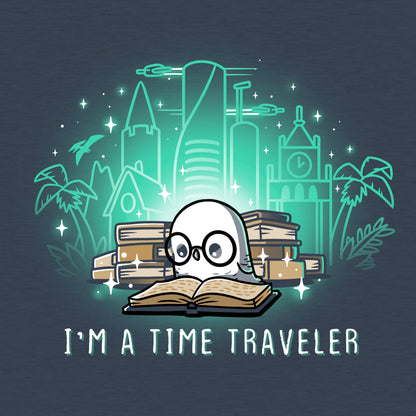 Classic Cotton T-shirt_Teeturtle I'm a Time Traveler Heather Navy Featuring a cute, glasses-wearing owl reading a book with a stack of books behind them with images of all the different time periods rising from those books and 'I'm a Time Traveler' written below.