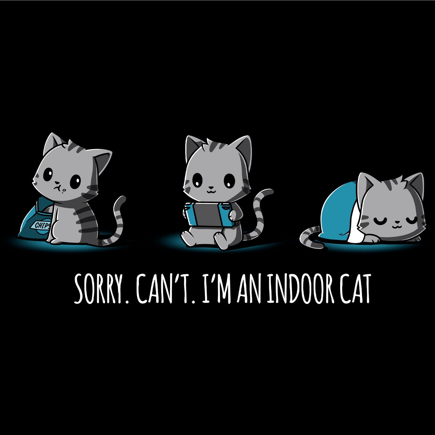 Long Sleeve T-shirt_TeeTurtle I'm an Indoor Cat black t-shirt featuring three gray cats one eating chips, one playing video games, one sleeping