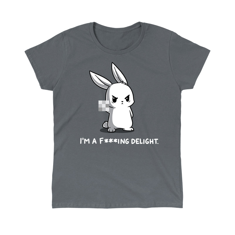 Classic Cotton T-shirt_Illustration of an angry cartoon rabbit holding up a pixelated middle finger with the caption, "I'M A F*ING DELIGHT," on a dark background. Printed on a charcoal gray apparel featuring super soft ringspun cotton, this unisex apparelby monsterdigital combines humor and comfort effortlessly. Product Name: I'm a F***ing Delight