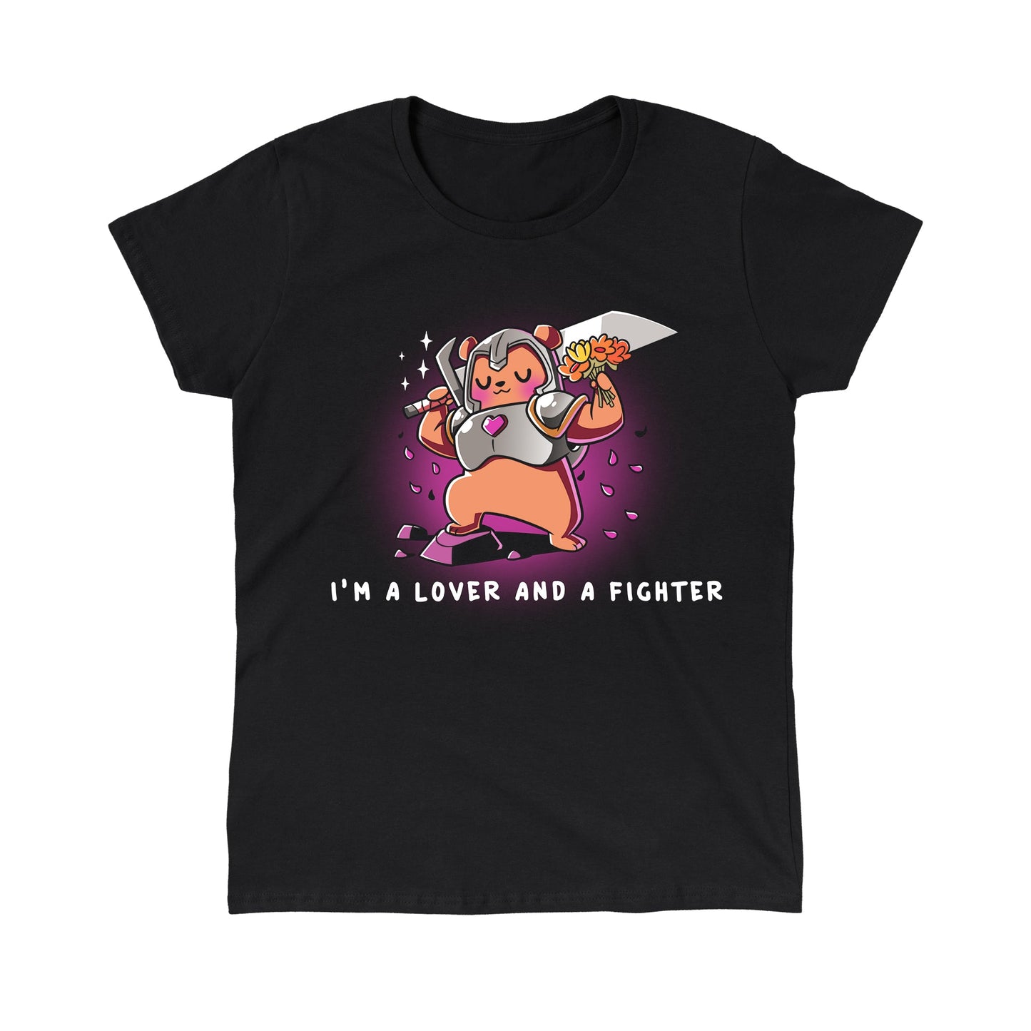 Classic Cotton T-shirt_TeeTurtle I'm a Lover and a Fighter Black t-shirt featuring a bear wearing armor, holding a sword and a bouquet of flowers.