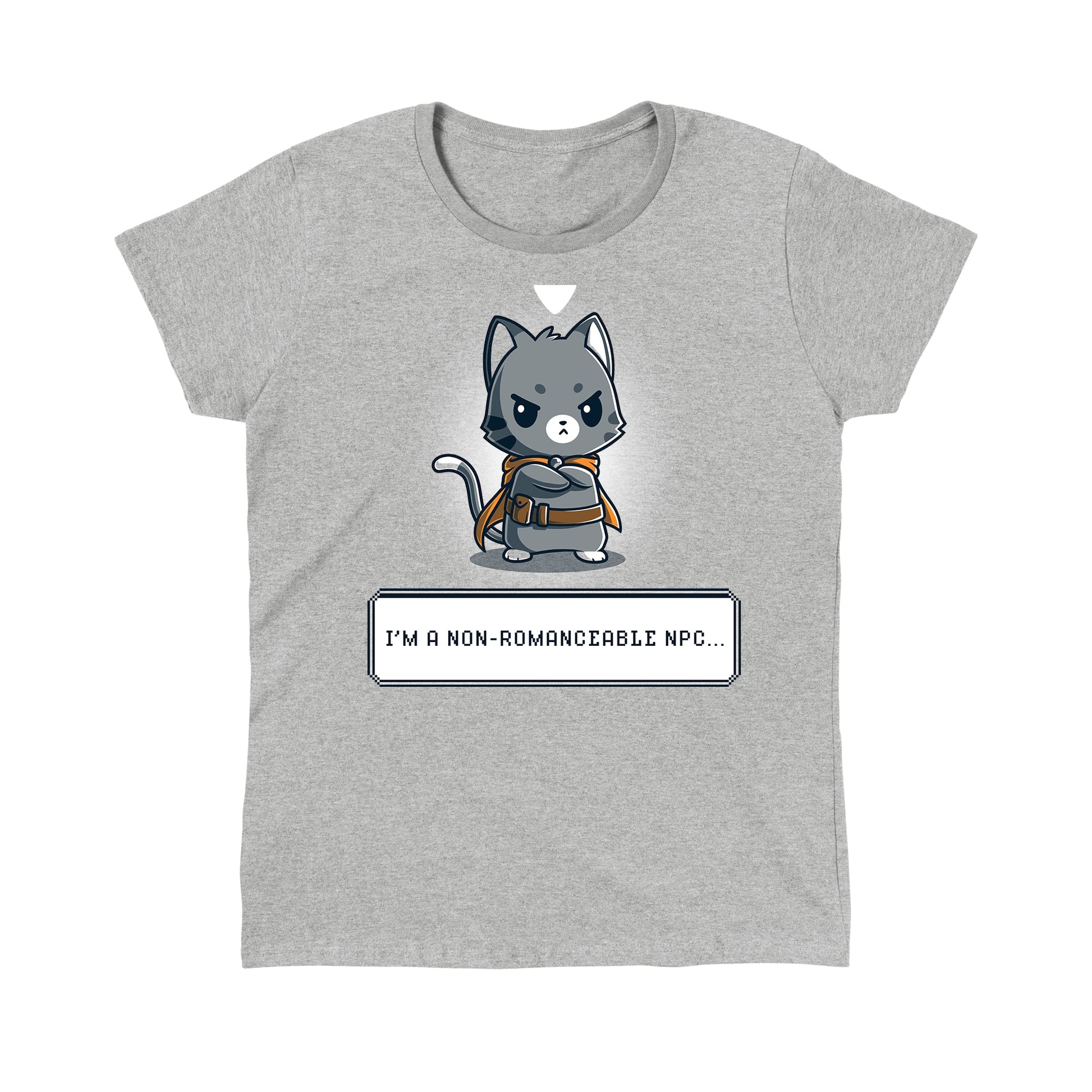 Classic Cotton T-shirt_TeeTurtle I'm a Non-Romanceable NPC heather gray t-shirt featuring a cartoon grey cat character with a cape standing with an annoyed expression and crossed arms.  Text below reads, "I'M A NON-ROMANCEABLE NPC." 