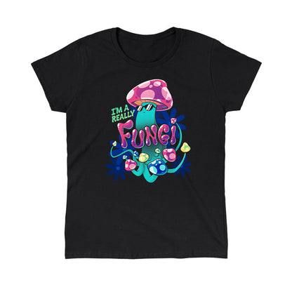 Classic Cotton T-shirt_TeeTurtle I'm a Really Fungi black t-shirt featuring a psychedelic mushroom with sunglasses on surrounded by flowers.