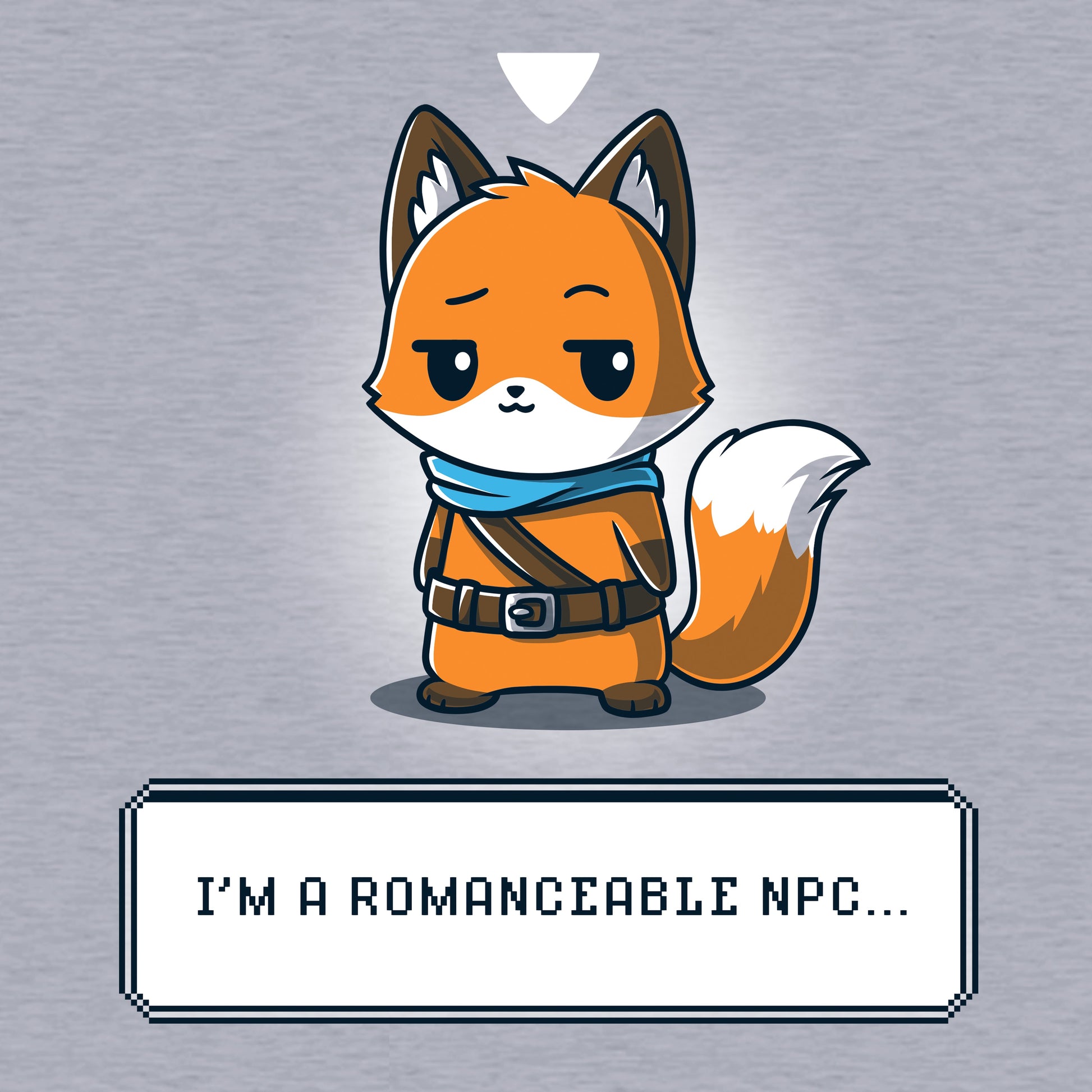 Classic Cotton T-shirt_TeeTurtle I'm a Romanceable NPC heather gray t-shirt featuring an illustration of an anthropomorphic fox, dressed in an adventurer's outfit, with text reading "I'm a Romanceable NPC" at the bottom. 