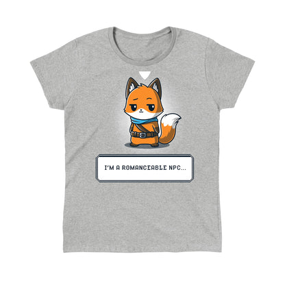 Classic Cotton T-shirt_TeeTurtle I'm a Romanceable NPC heather gray t-shirt featuring an illustration of an anthropomorphic fox, dressed in an adventurer's outfit, with text reading "I'm a Romanceable NPC" at the bottom. 