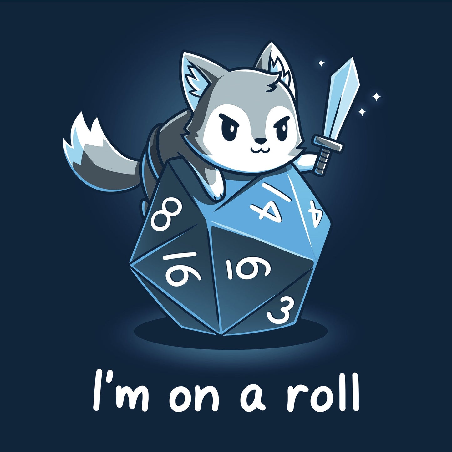 Classic Cotton T-shirt_TeeTurtle I'm on a Roll navy blue t-shirt featuring a gray and white fox smirking and holding a sword on top of a blue dice with the numbers 3, 4, 6, 8, 14, and 16 on it. The words "I'm on a roll" are written underneath. 